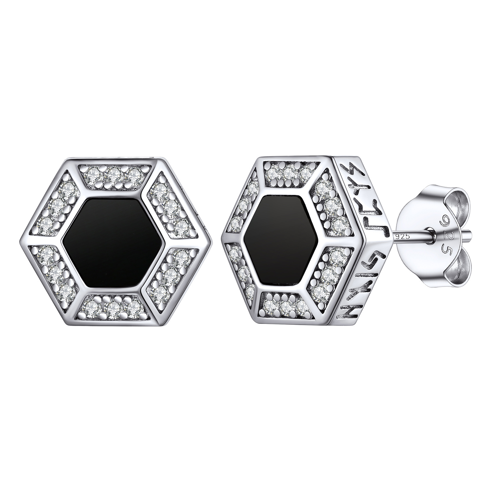 Hexagon Black Onyx Viking Rune Stud Earrings with CZ in Silver