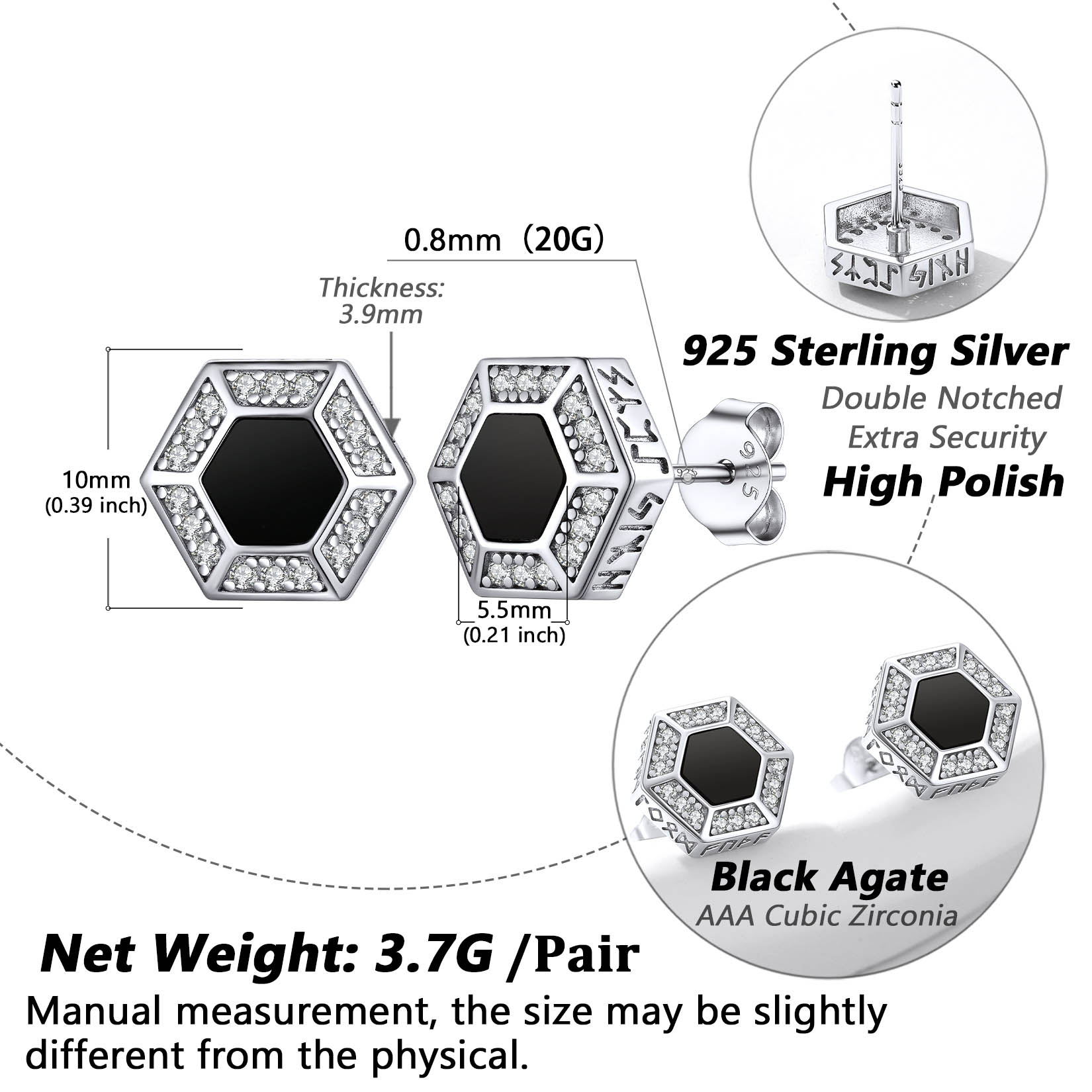 Hexagon Black Onyx Viking Rune Stud with CZ Details-Earrings Size, Weight