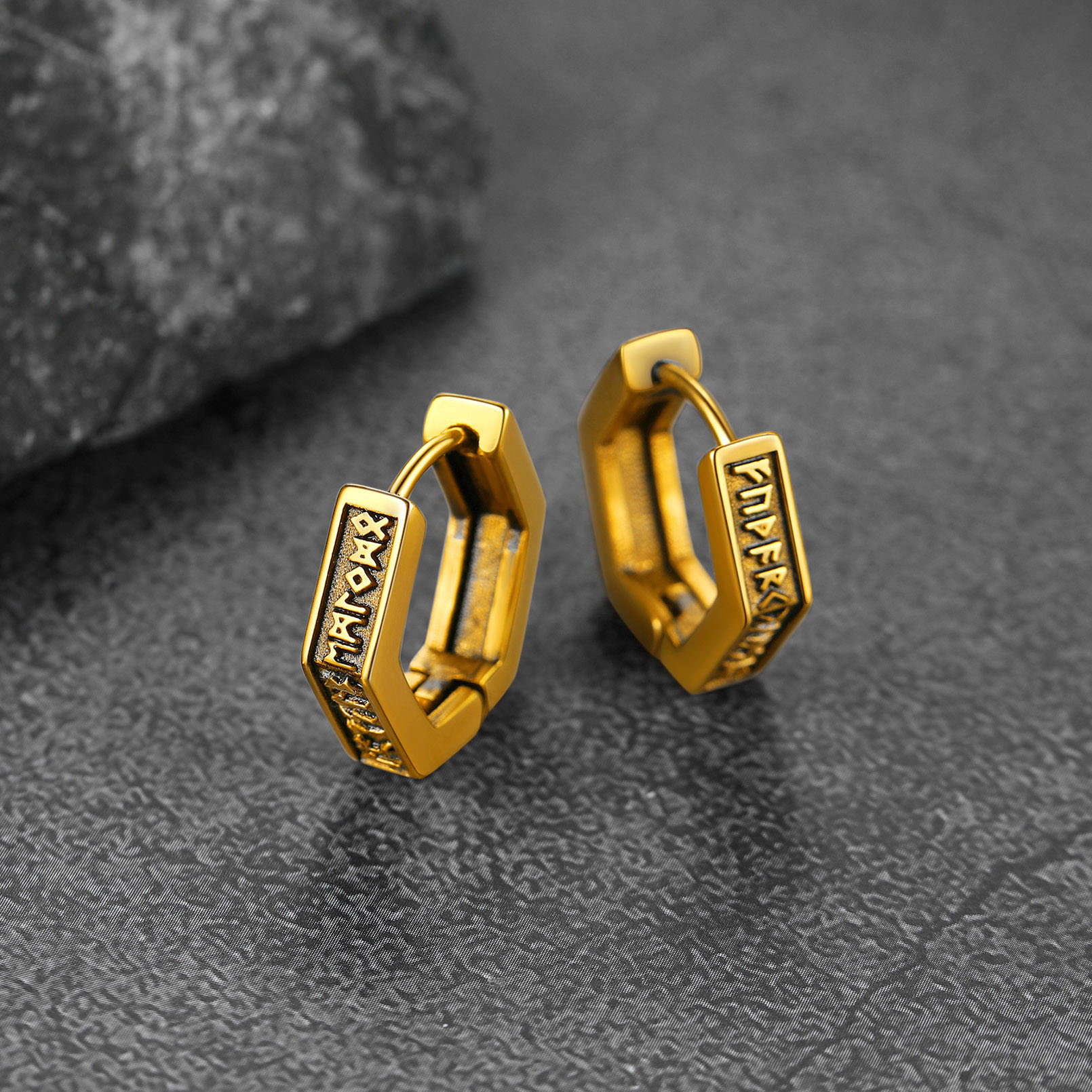 Hexagon Viking Rune Huggie Hoop Earrings, 14K Gold Plated-01