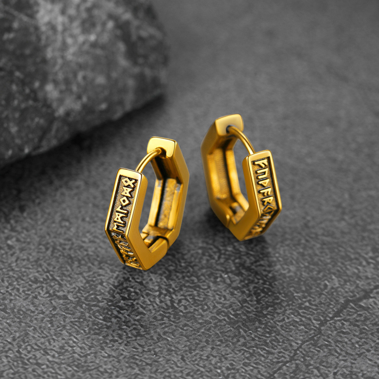 Hexagon Viking Rune Huggie Hoop Earrings, 14K Gold Plated-01