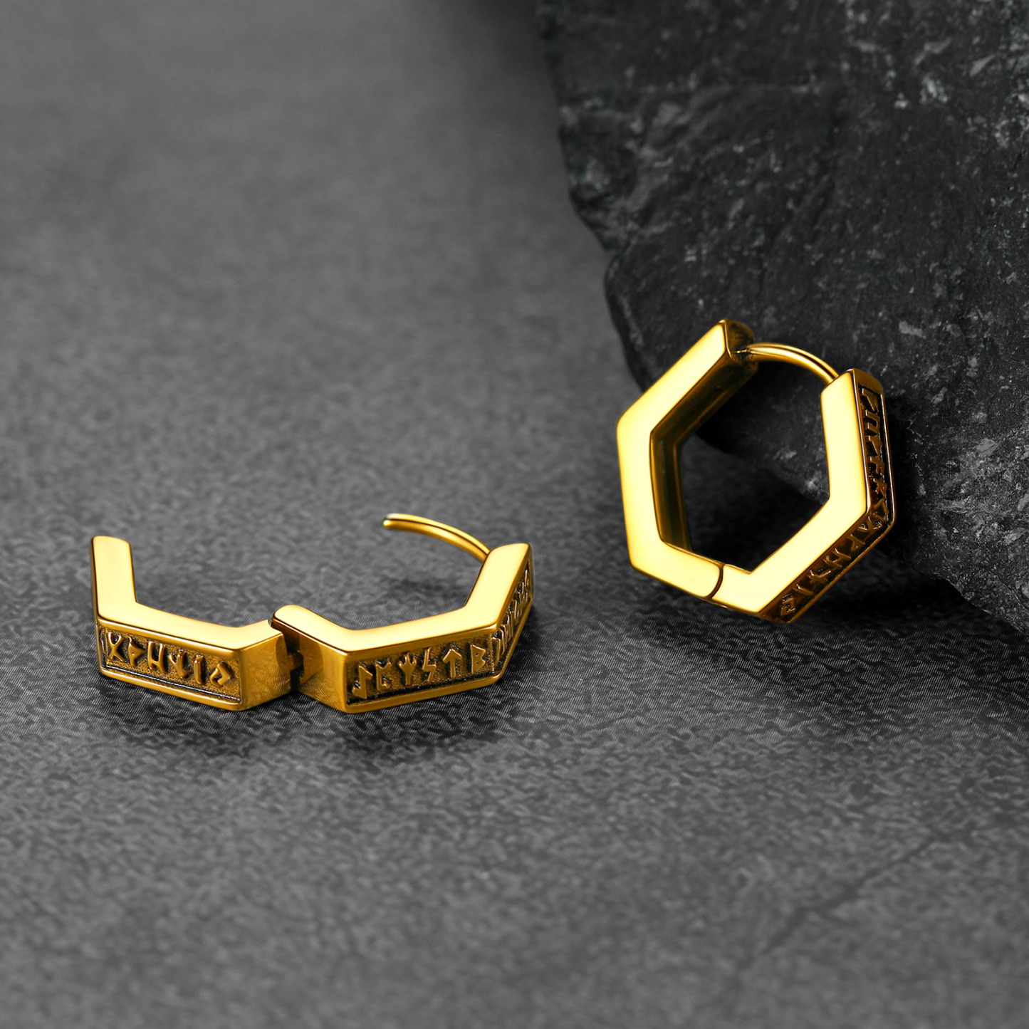 Hexagon Viking Rune Huggie Hoop Earrings, 14K Gold Plated-02