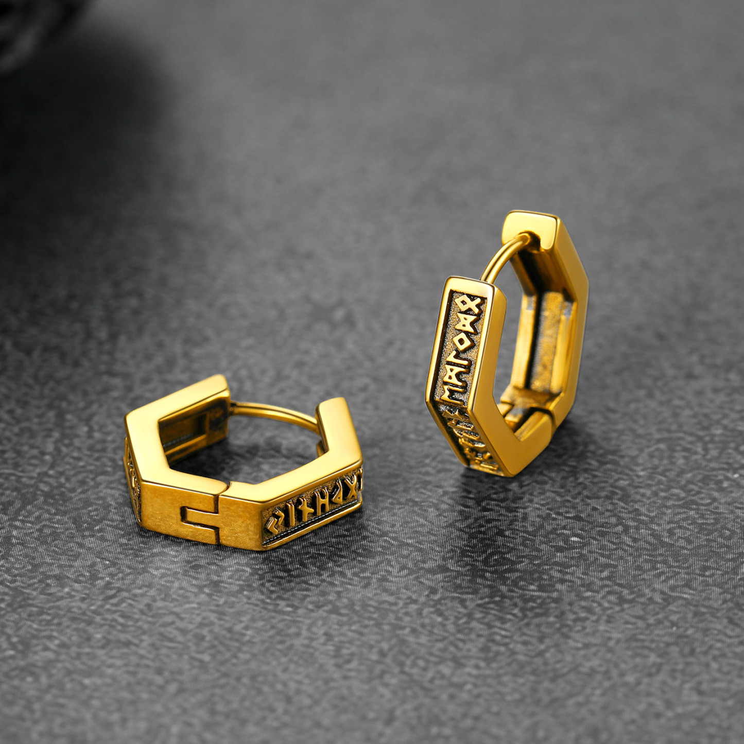 Hexagon Viking Rune Huggie Hoop Earrings, 14K Gold Plated-03