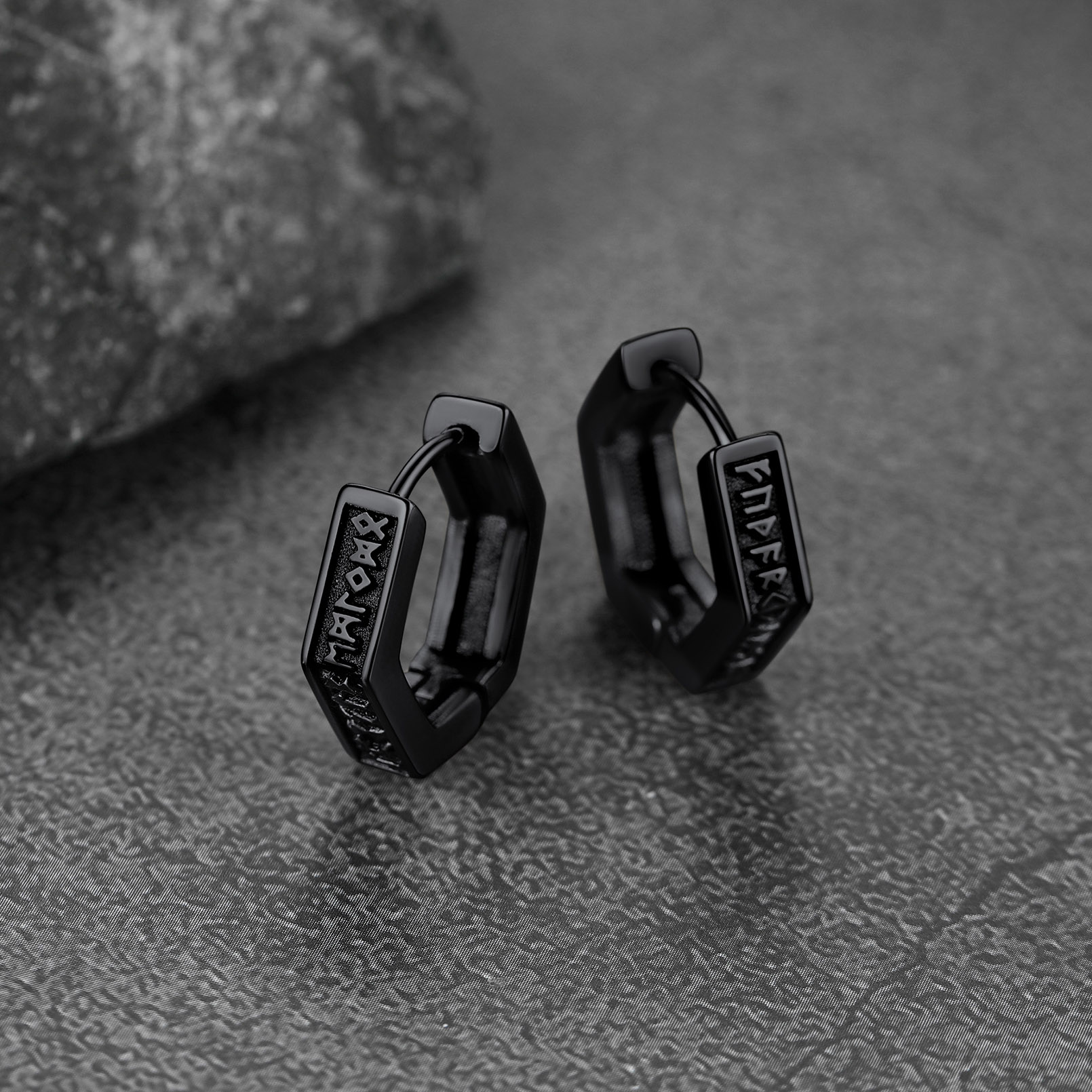 Hexagon Viking Rune Huggie Hoop Earrings, Black Plated-01
