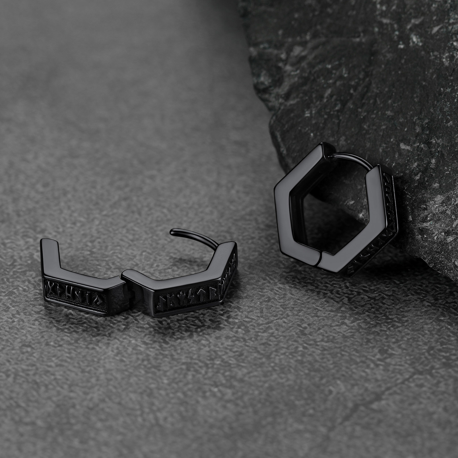 Hexagon Viking Rune Huggie Hoop Earrings, Black Plated-02