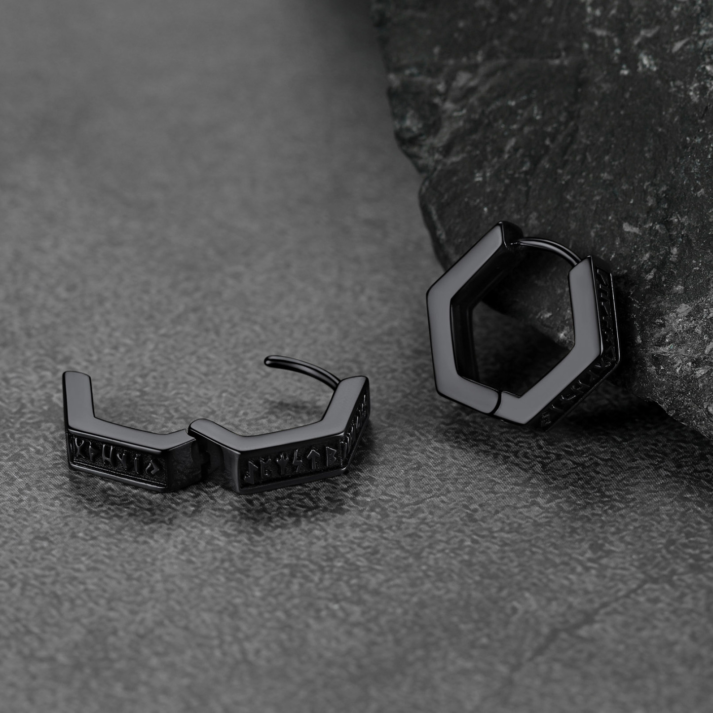 Hexagon Viking Rune Huggie Hoop Earrings, Black Plated-02