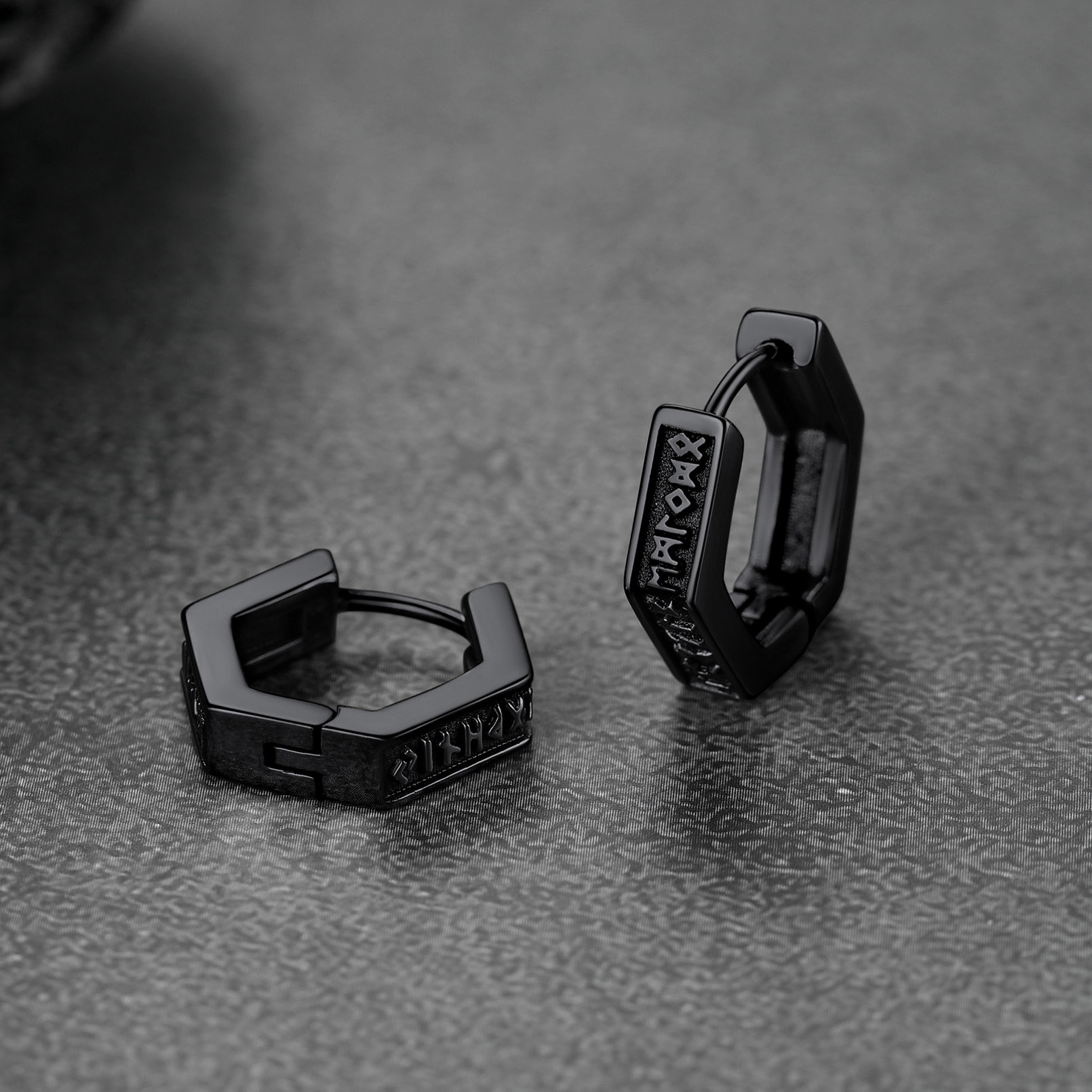 Hexagon Viking Rune Huggie Hoop Earrings, Black Plated-03
