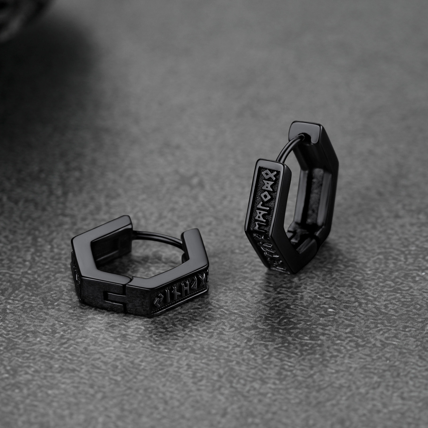Hexagon Viking Rune Huggie Hoop Earrings, Black Plated-03