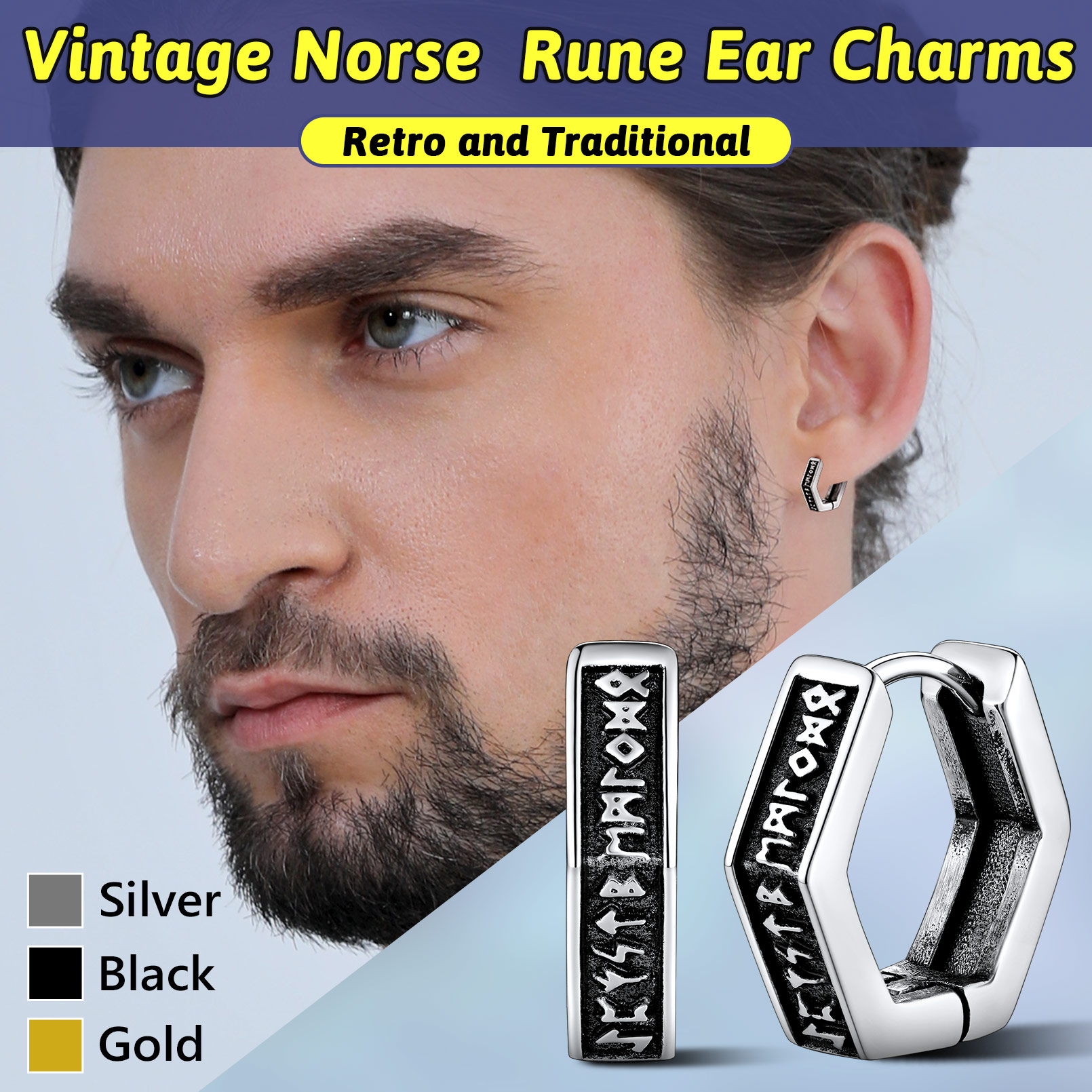 Hexagon Viking Rune Huggie Hoop Earrings, Men's Fashion Jewelry