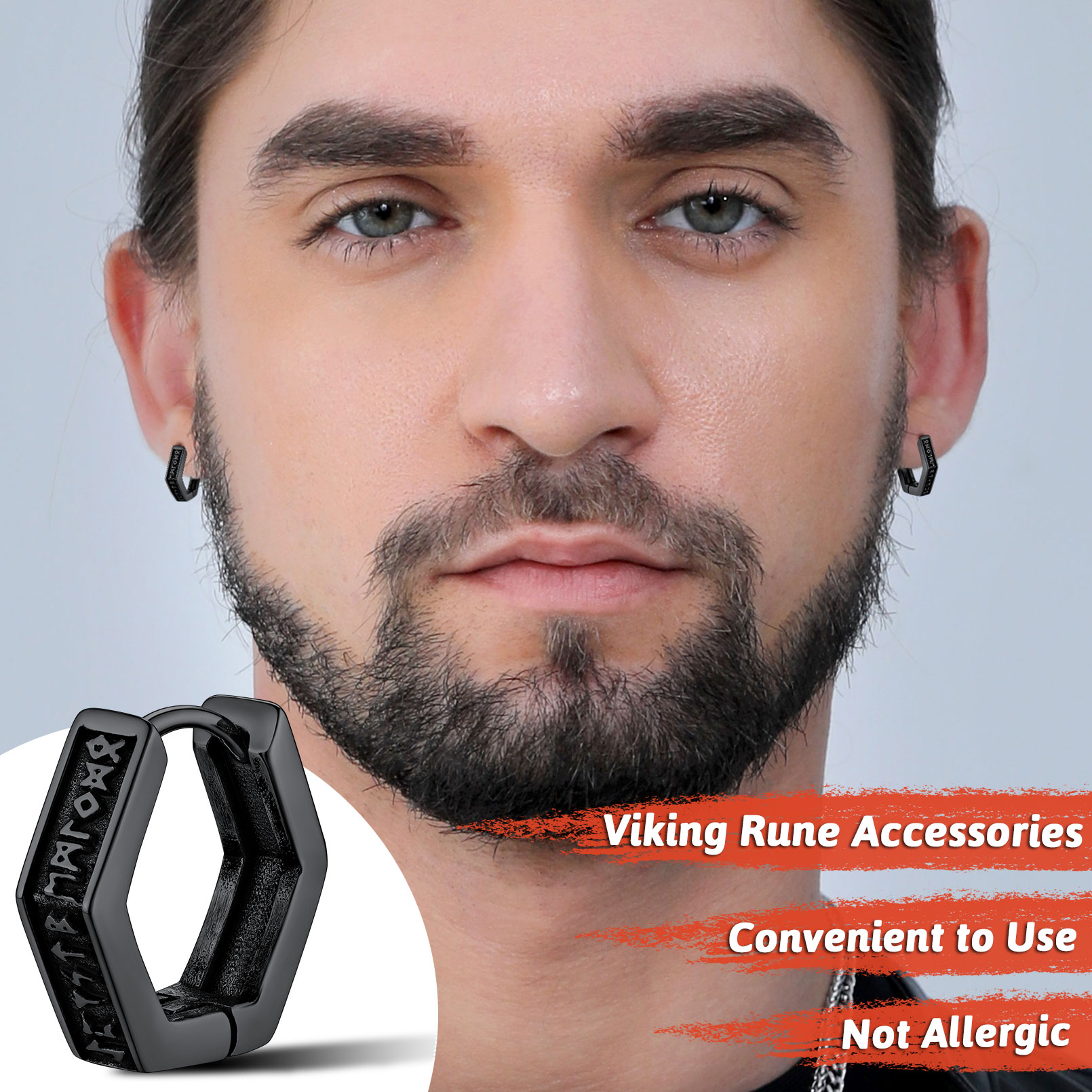 Hexagon Viking Rune Huggie Hoop Earrings, Men's Fashion Jewelry