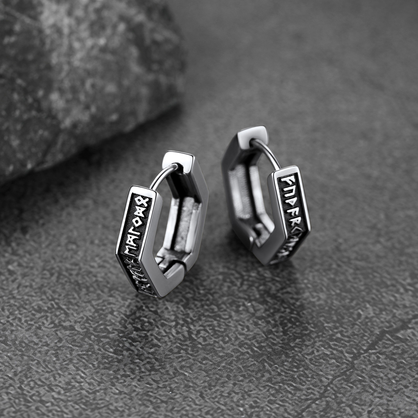 Hexagon Viking Rune Huggie Hoop Earrings, Stainless Steel-01