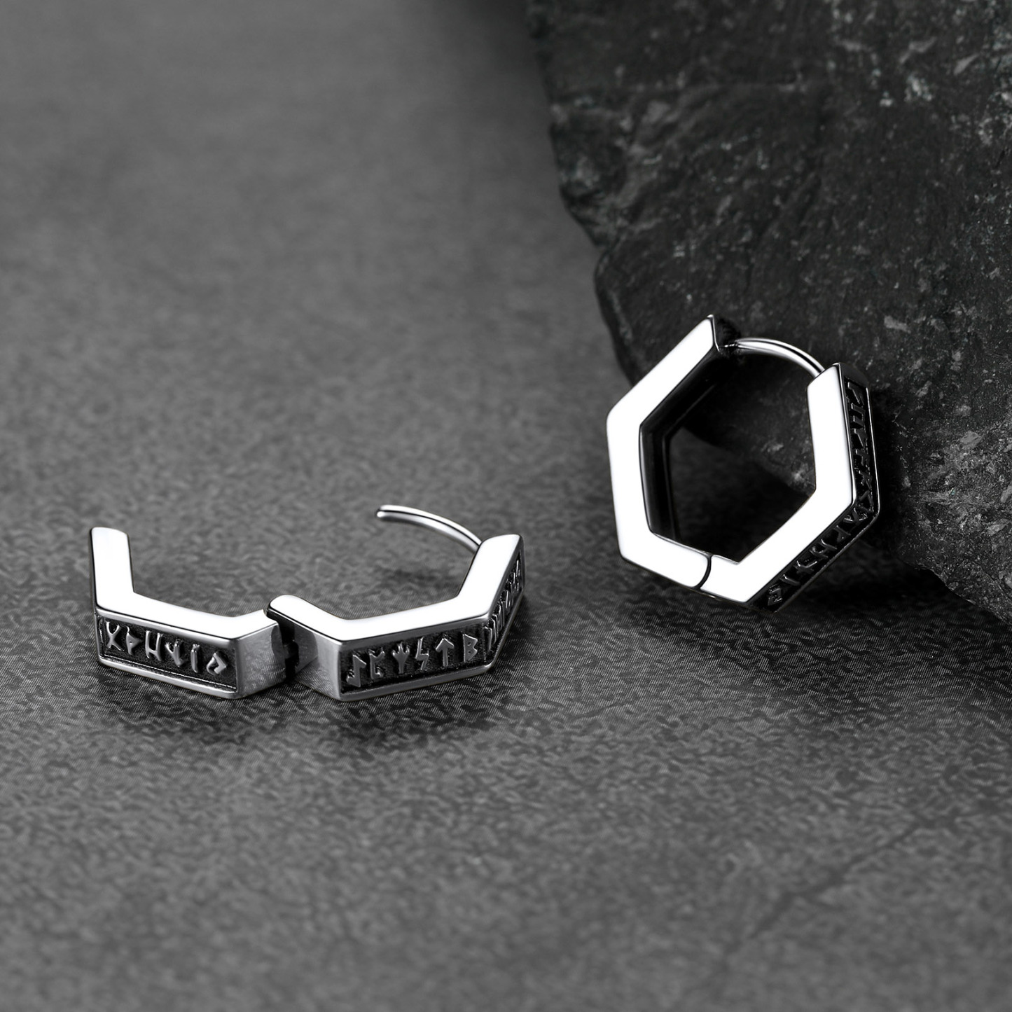 Hexagon Viking Rune Huggie Hoop Earrings, Stainless Steel-02