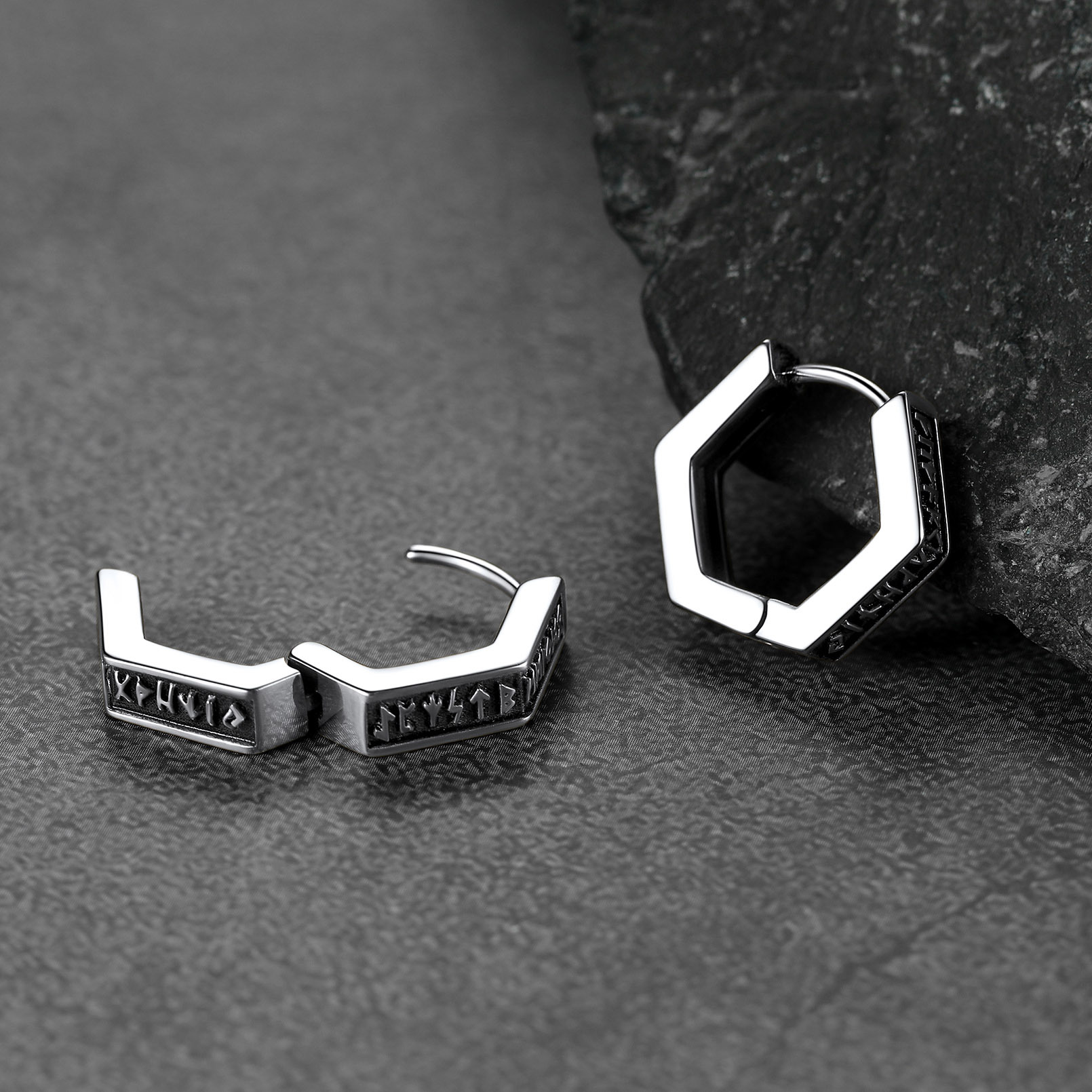 Hexagon Viking Rune Huggie Hoop Earrings, Stainless Steel-02