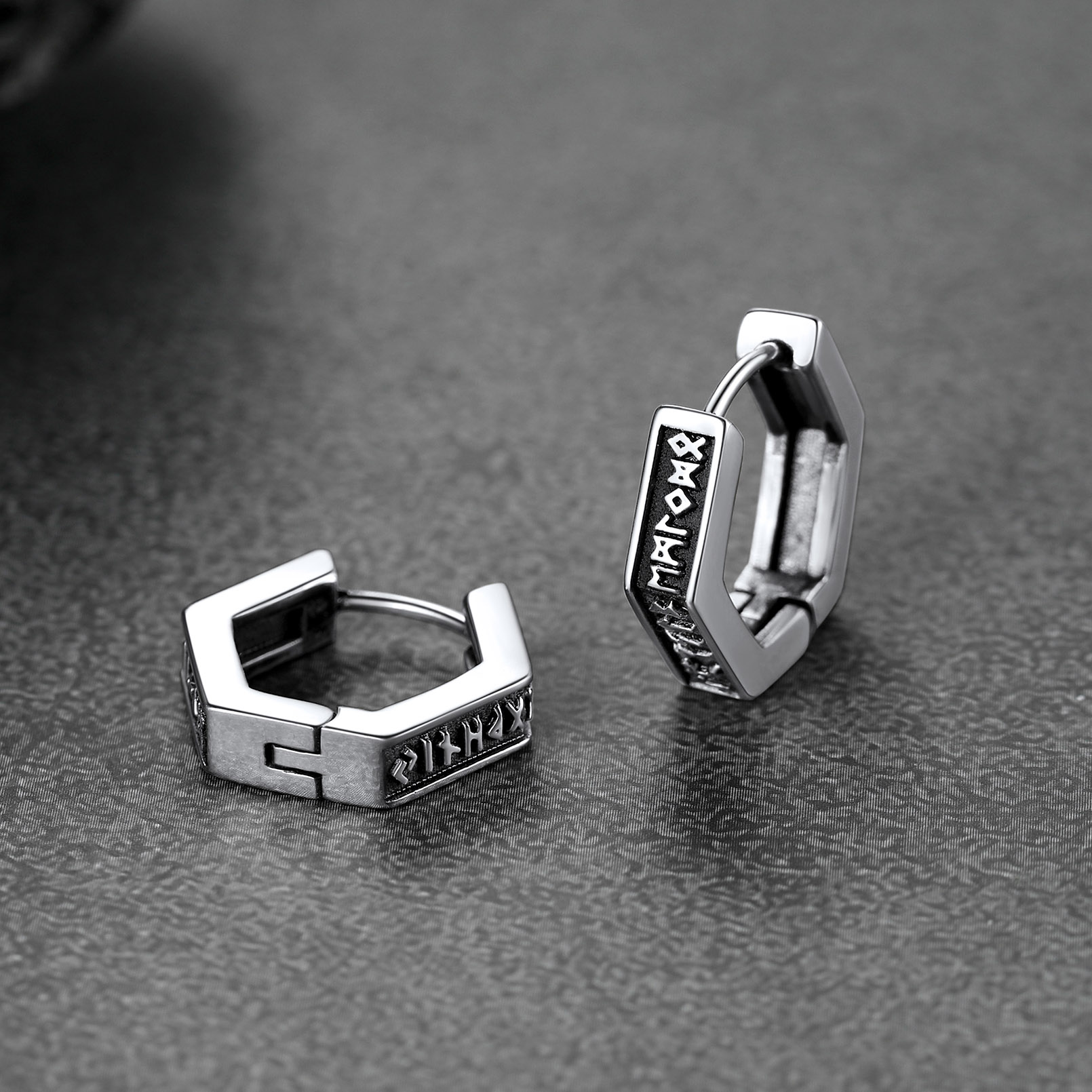 Hexagon Viking Rune Huggie Hoop Earrings, Stainless Steel-03