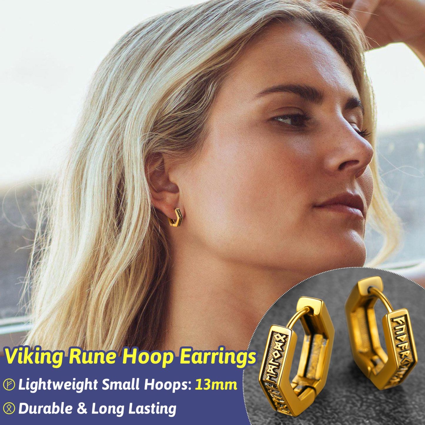 Hexagon Viking Rune Huggie Hoop Earrings, Viking Jewelry