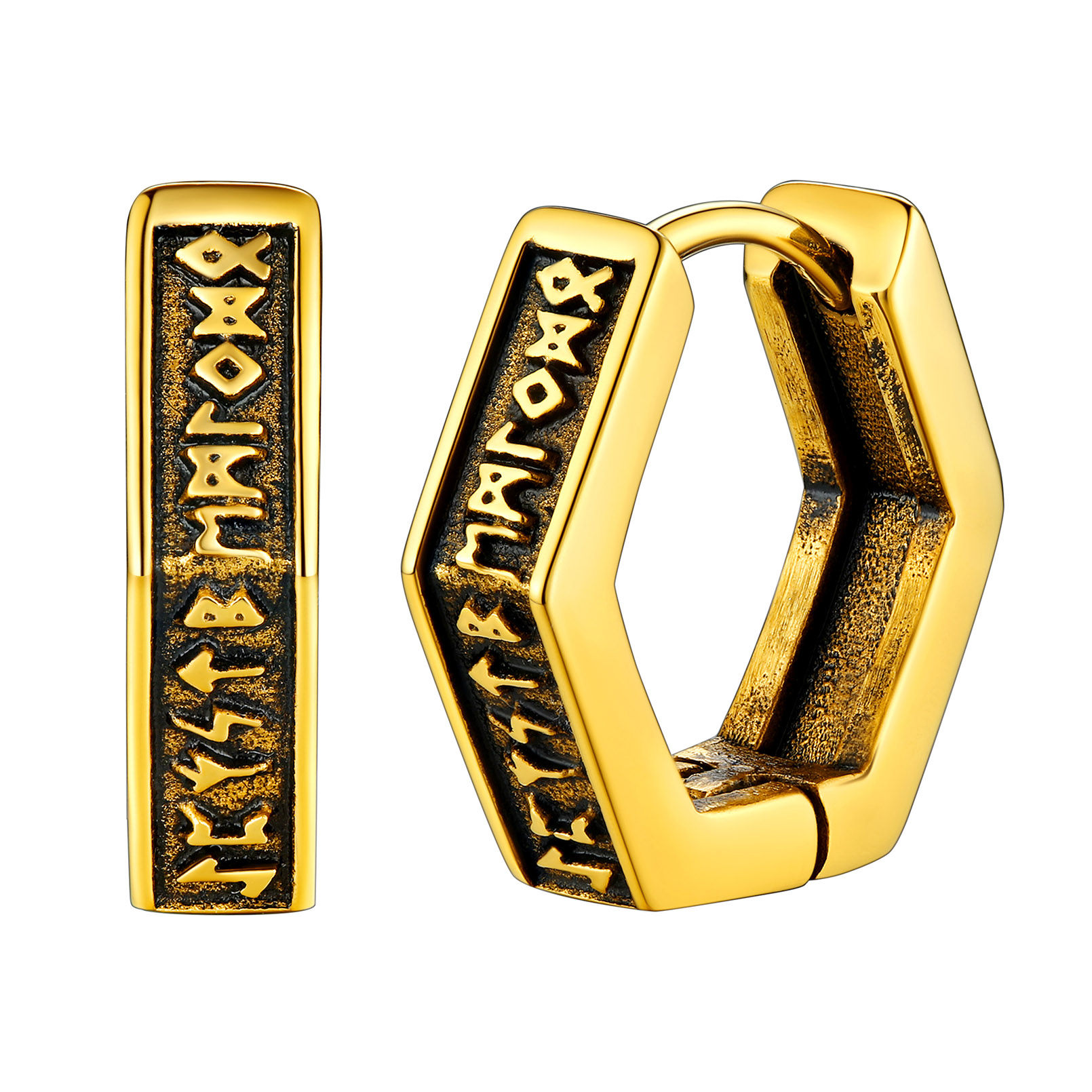 Hexagon Viking Rune Huggie Hoop Earrings in 14K Gold Plated