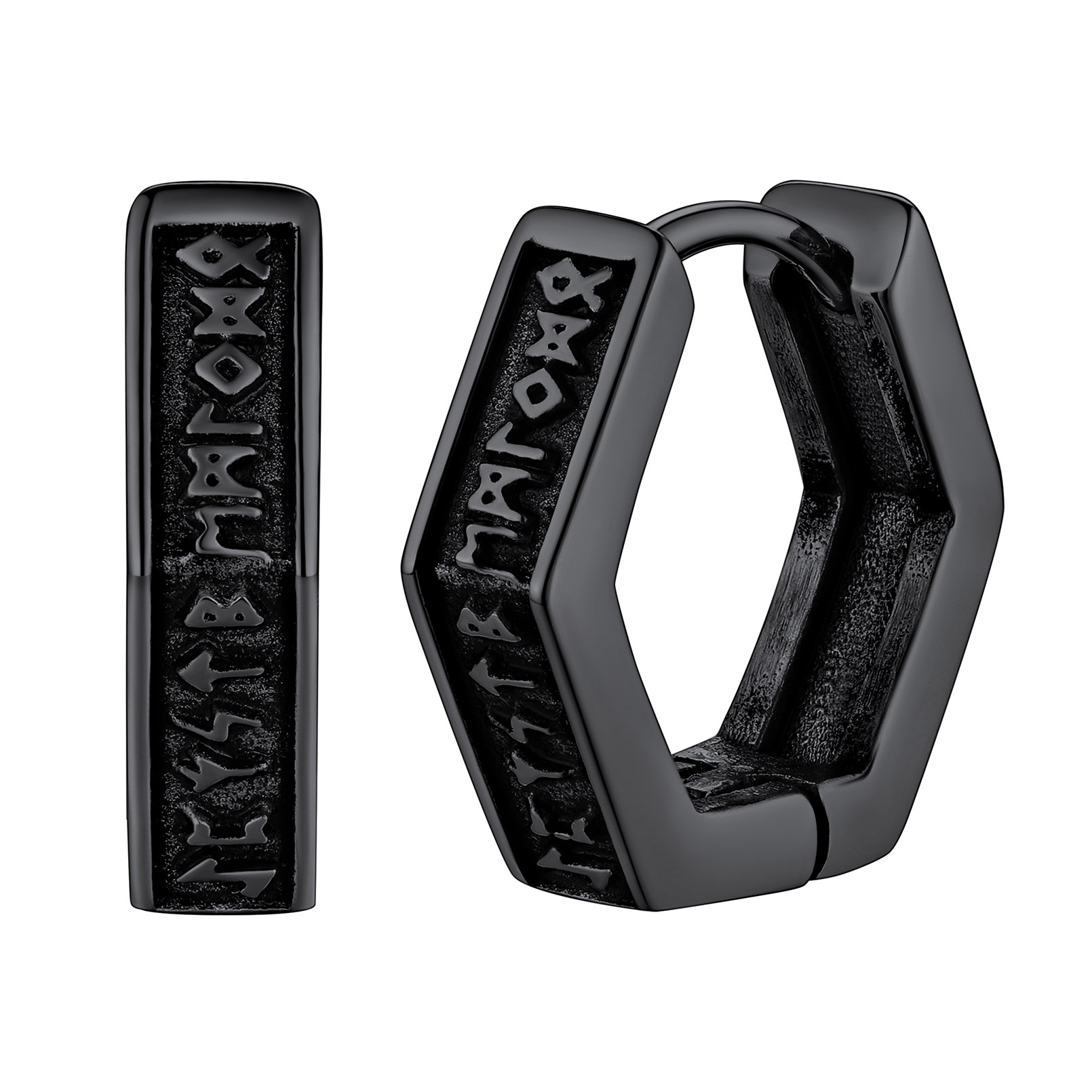 Hexagon Viking Rune Huggie Hoop Earrings in Black Plated