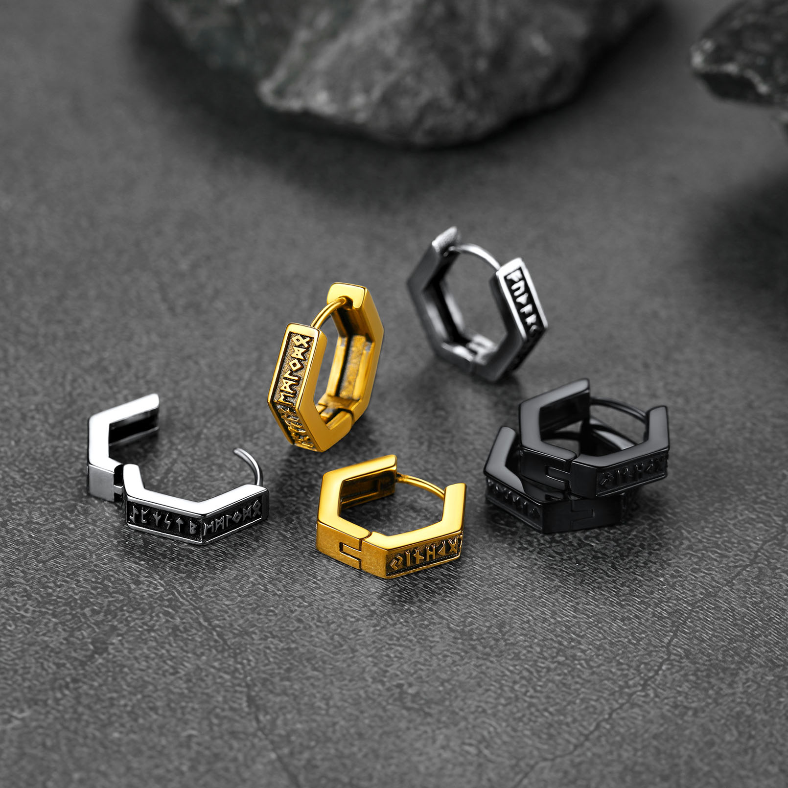 Hexagon Viking Rune Huggie Hoop Earrings in Different Colors 