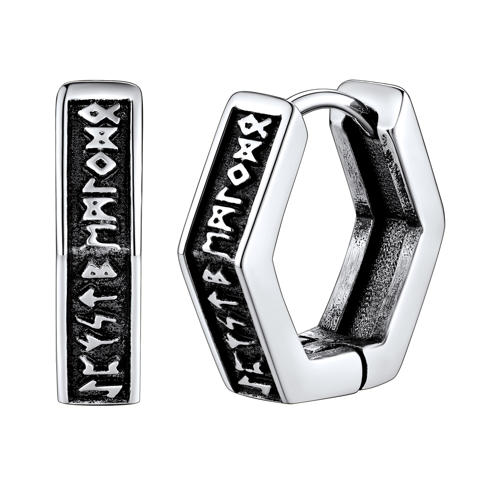 Hexagon Viking Rune Huggie Hoop Earrings in Stainless Steel
