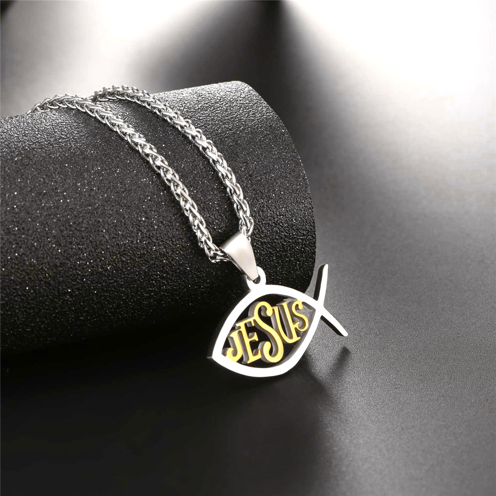 Ichthys Jesus Pendant Necklace, 18K Gold Plated-01