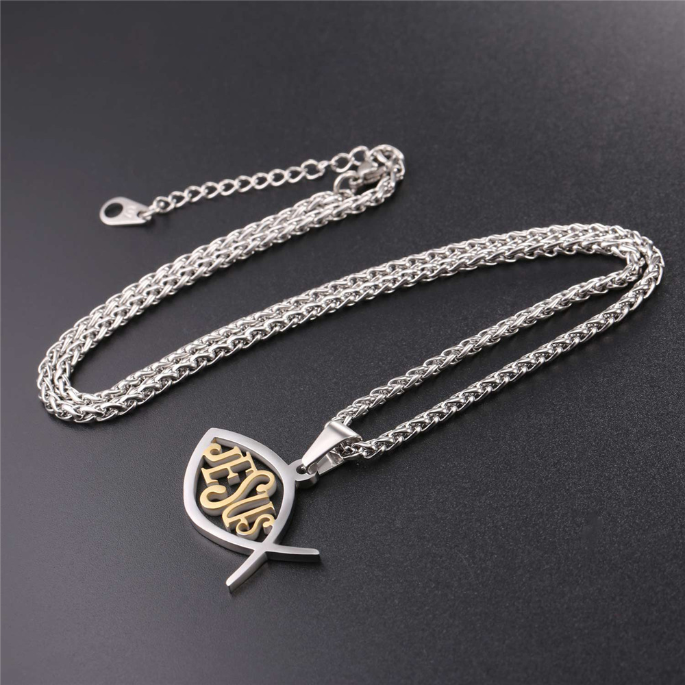 Ichthys Jesus Pendant Necklace, 18K Gold Plated-04