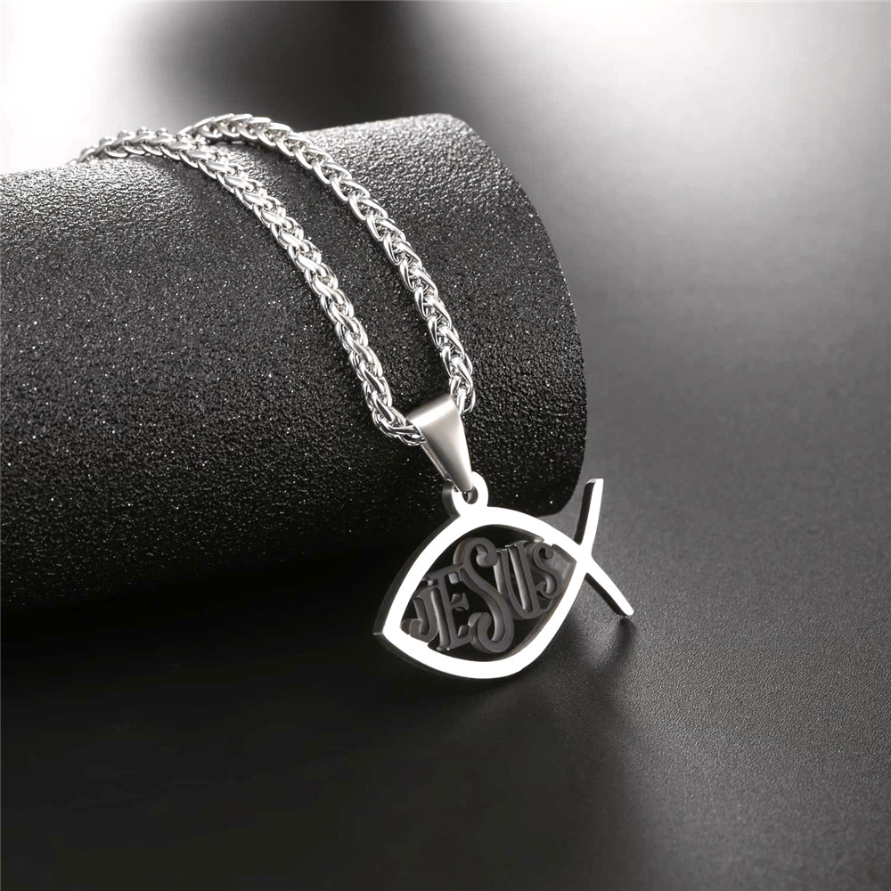 Ichthys Jesus Pendant Necklace, Black Plated-01
