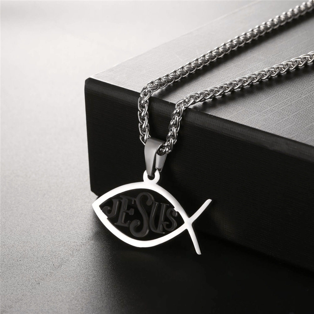 Ichthys Jesus Pendant Necklace, Black Plated-02