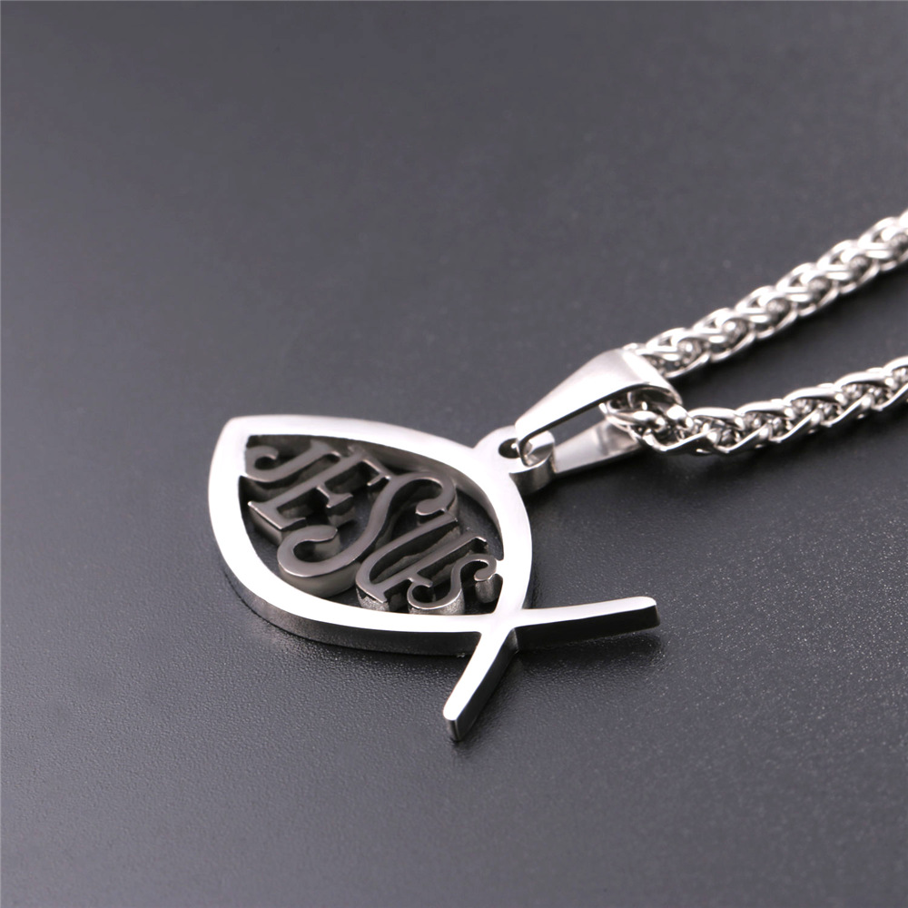 Ichthys Jesus Pendant Necklace, Black Plated-03