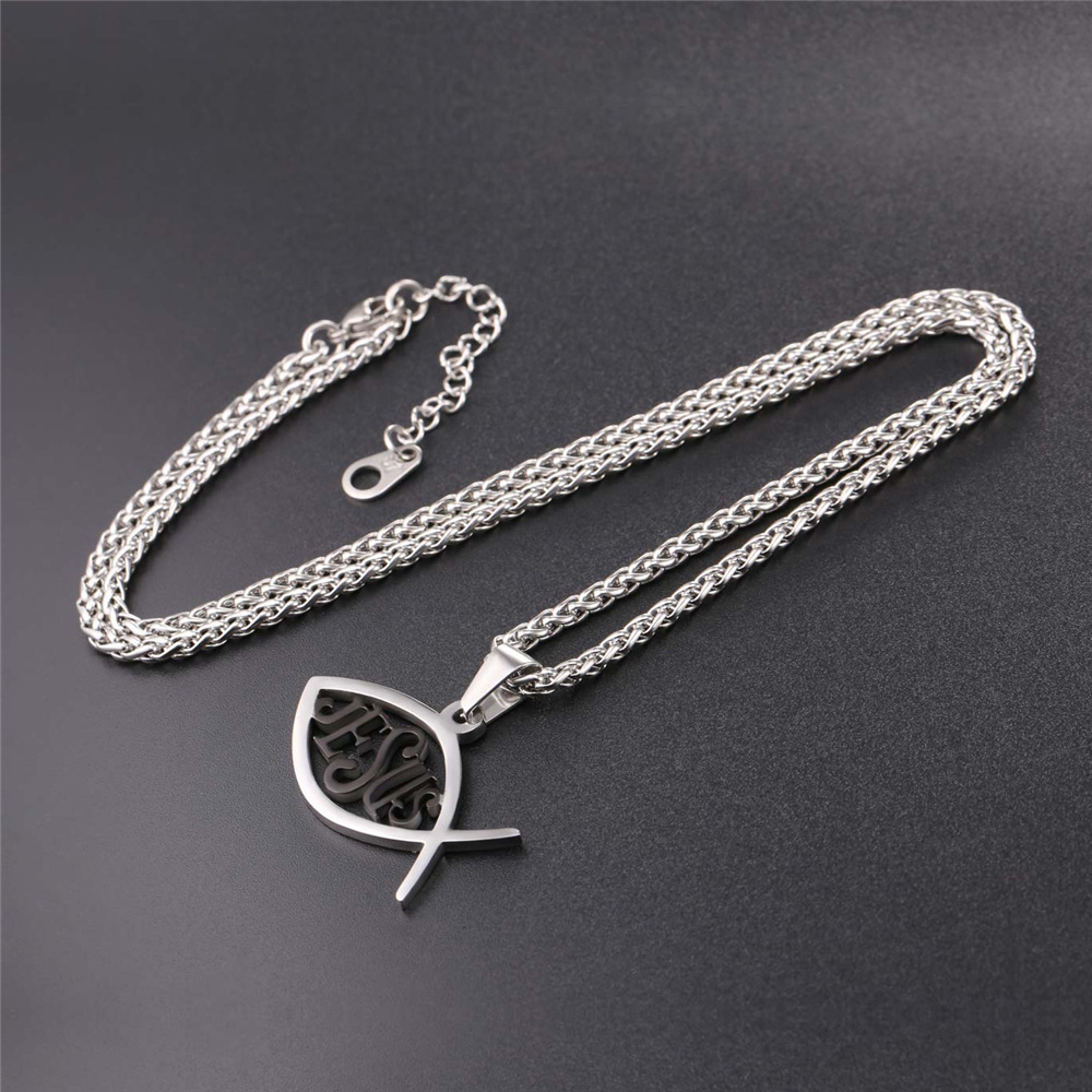 Ichthys Jesus Pendant Necklace, Black Plated-04