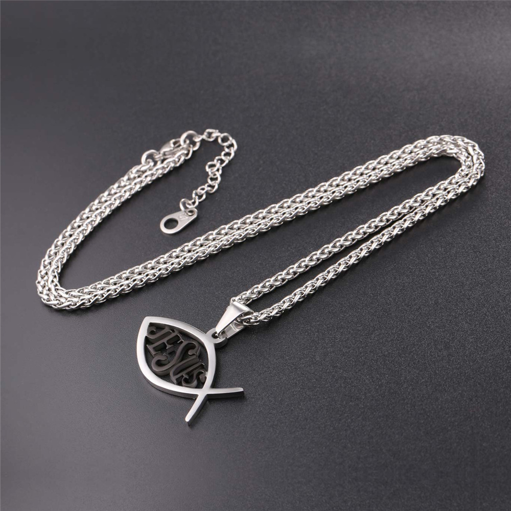 Ichthys Jesus Pendant Necklace, Black Plated-04