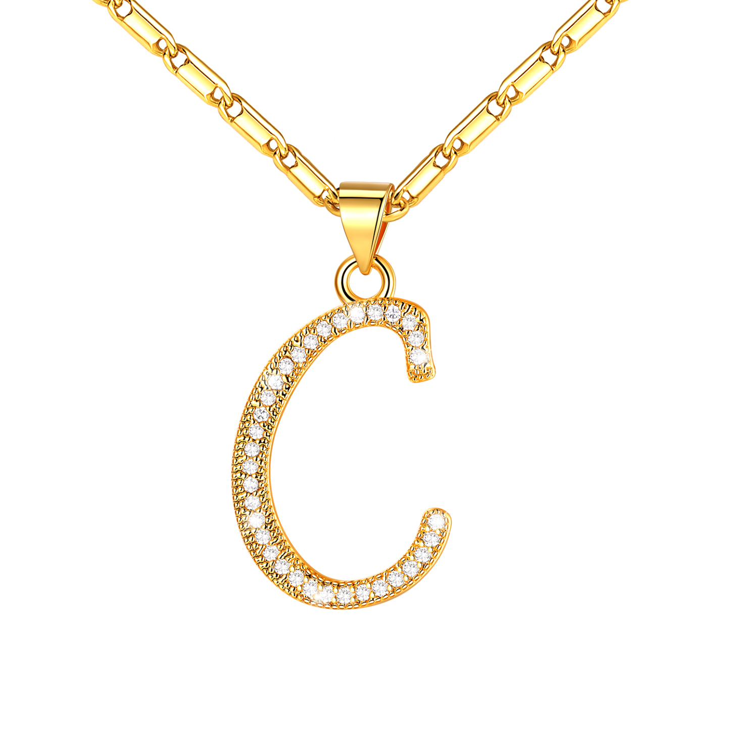 Initial Pendant Necklace with CZ in 14K Gold Plated - C