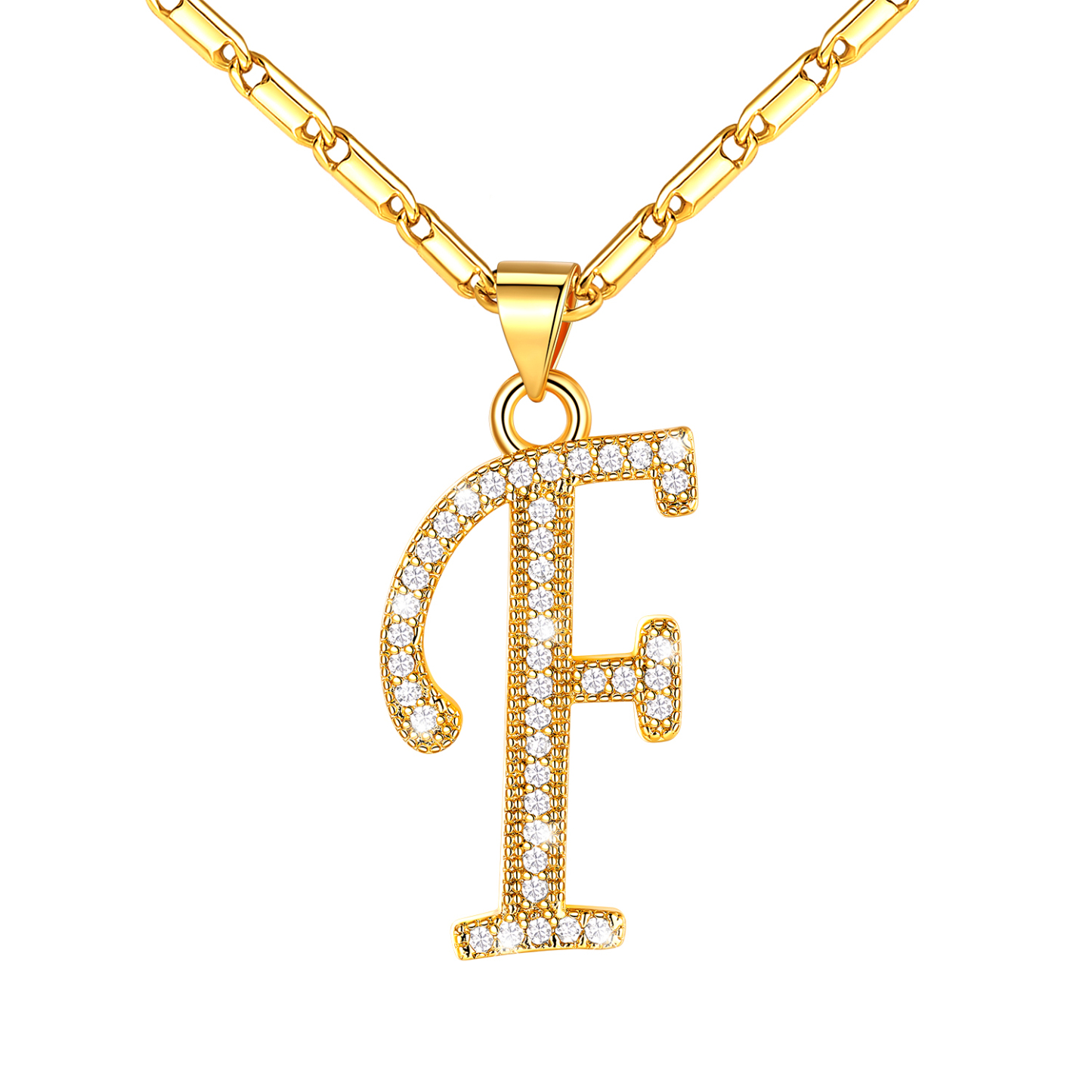 Initial Pendant Necklace with CZ in 14K Gold Plated - F