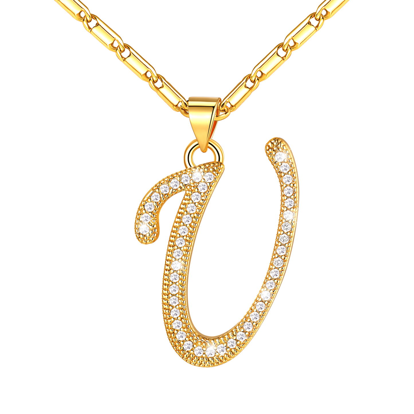 Initial Pendant Necklace with CZ in 14K Gold Plated - U