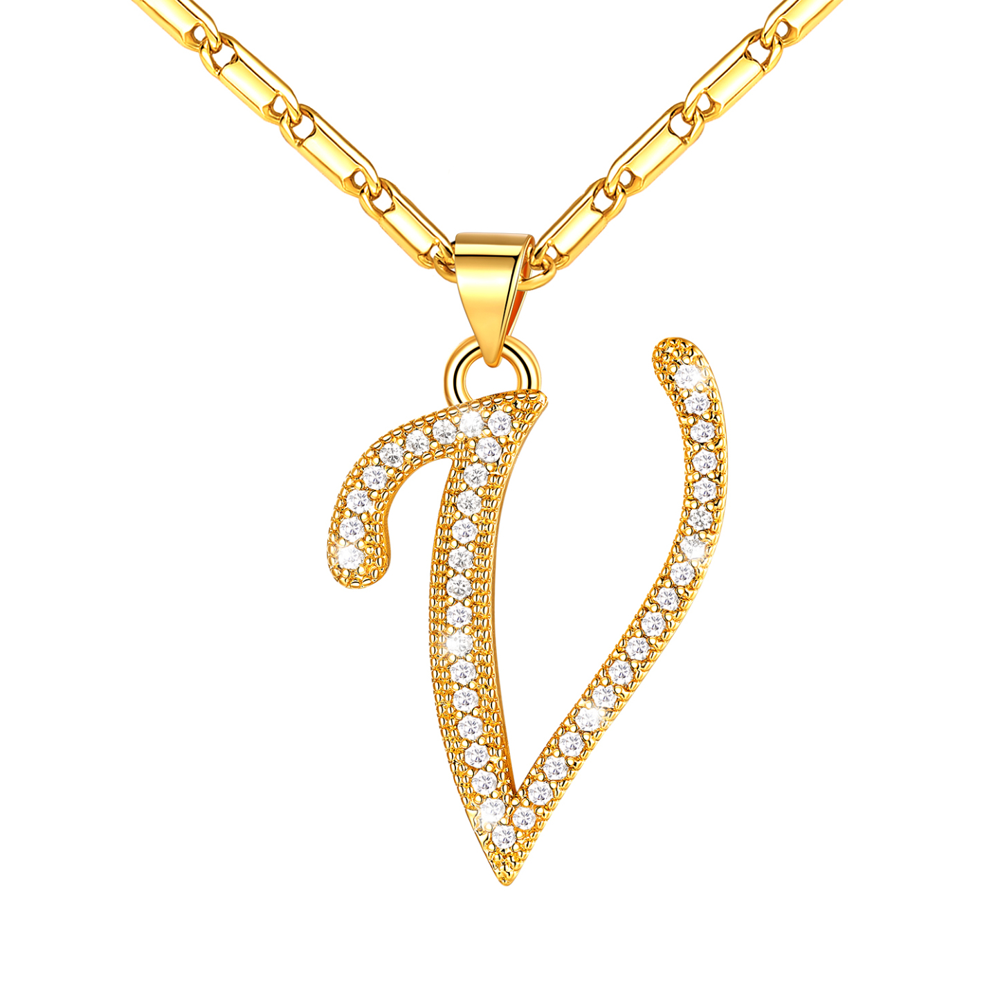 Initial Pendant Necklace with CZ in 14K Gold Plated - V