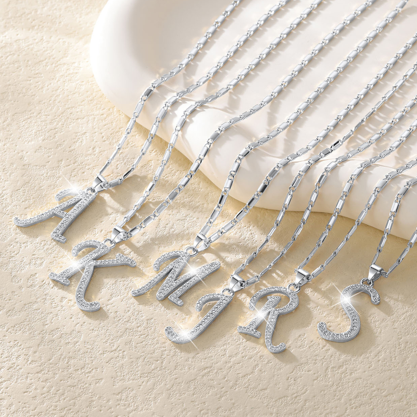 Initial Pendant Necklace with CZ in Different Letters, Platinum Plated