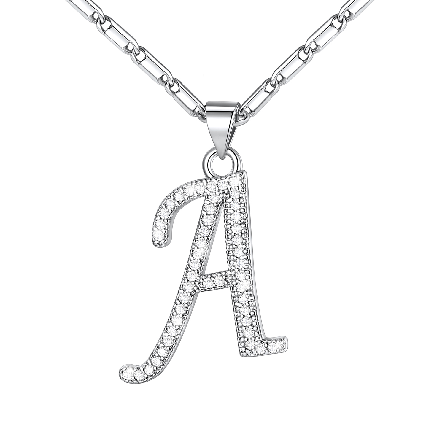 Initial Pendant Necklace with CZ in Platinum Plated - A