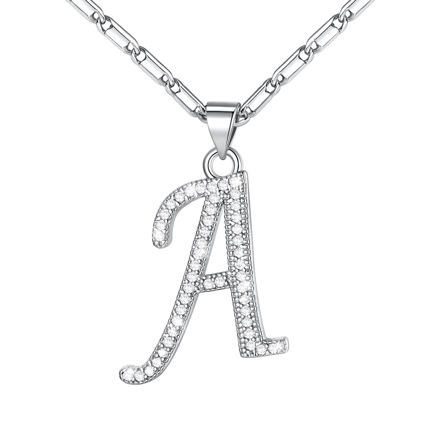 Initial Pendant Necklace with CZ in Platinum Plated - A
