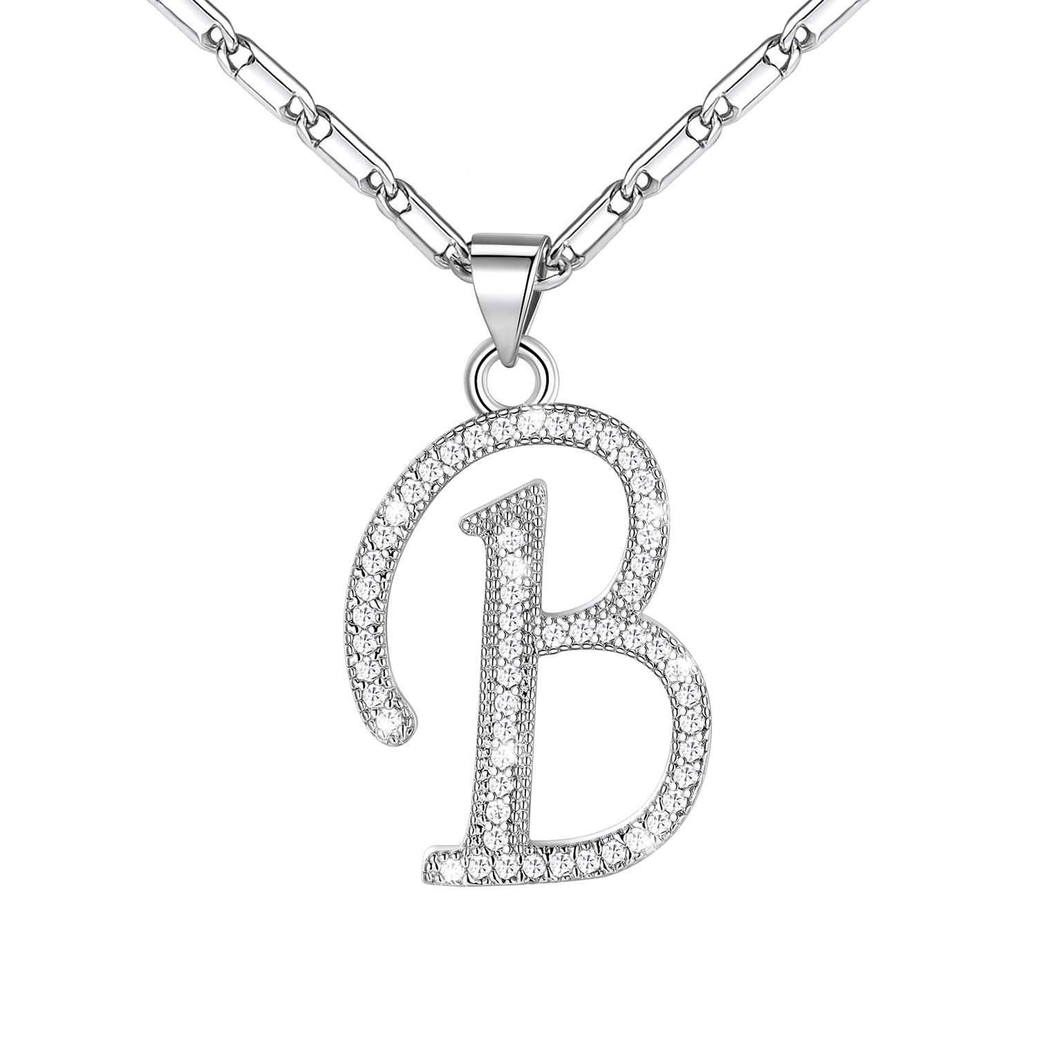 Initial Pendant Necklace with CZ in Platinum Plated - B