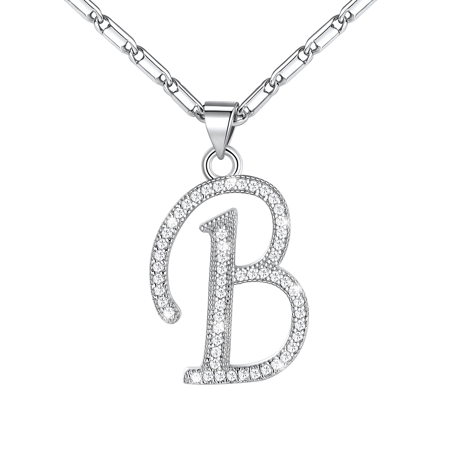Initial Pendant Necklace with CZ in Platinum Plated - B