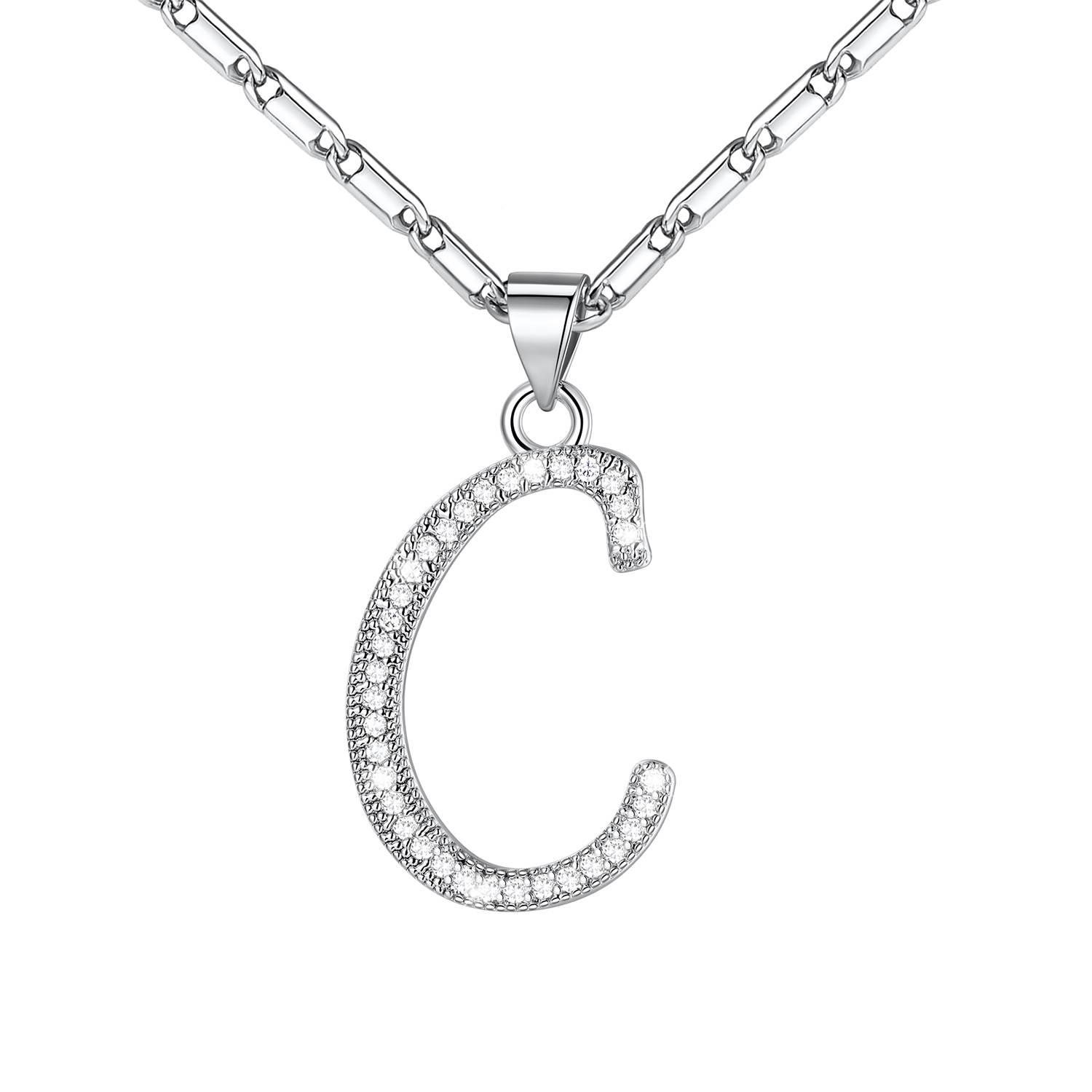 Initial Pendant Necklace with CZ in Platinum Plated - C