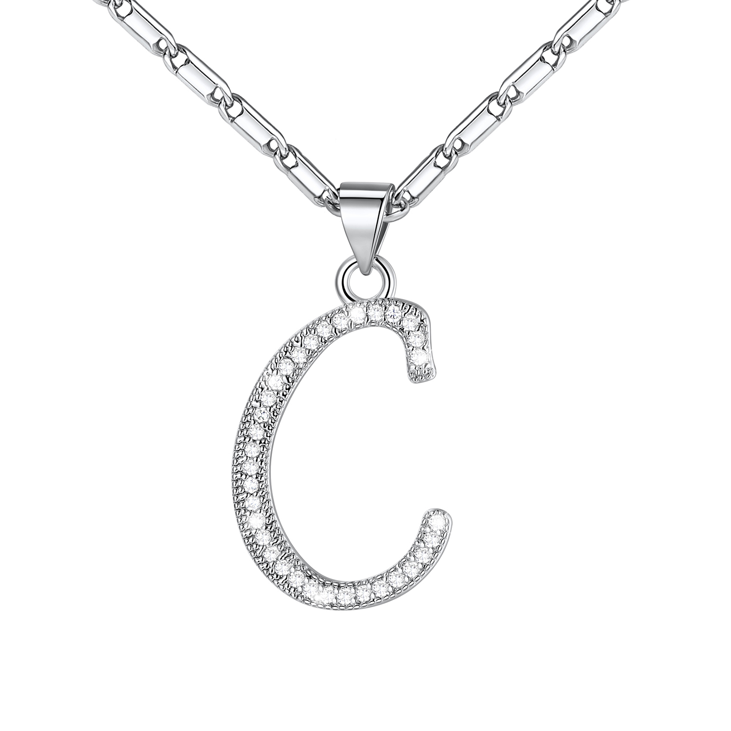 Initial Pendant Necklace with CZ in Platinum Plated - C