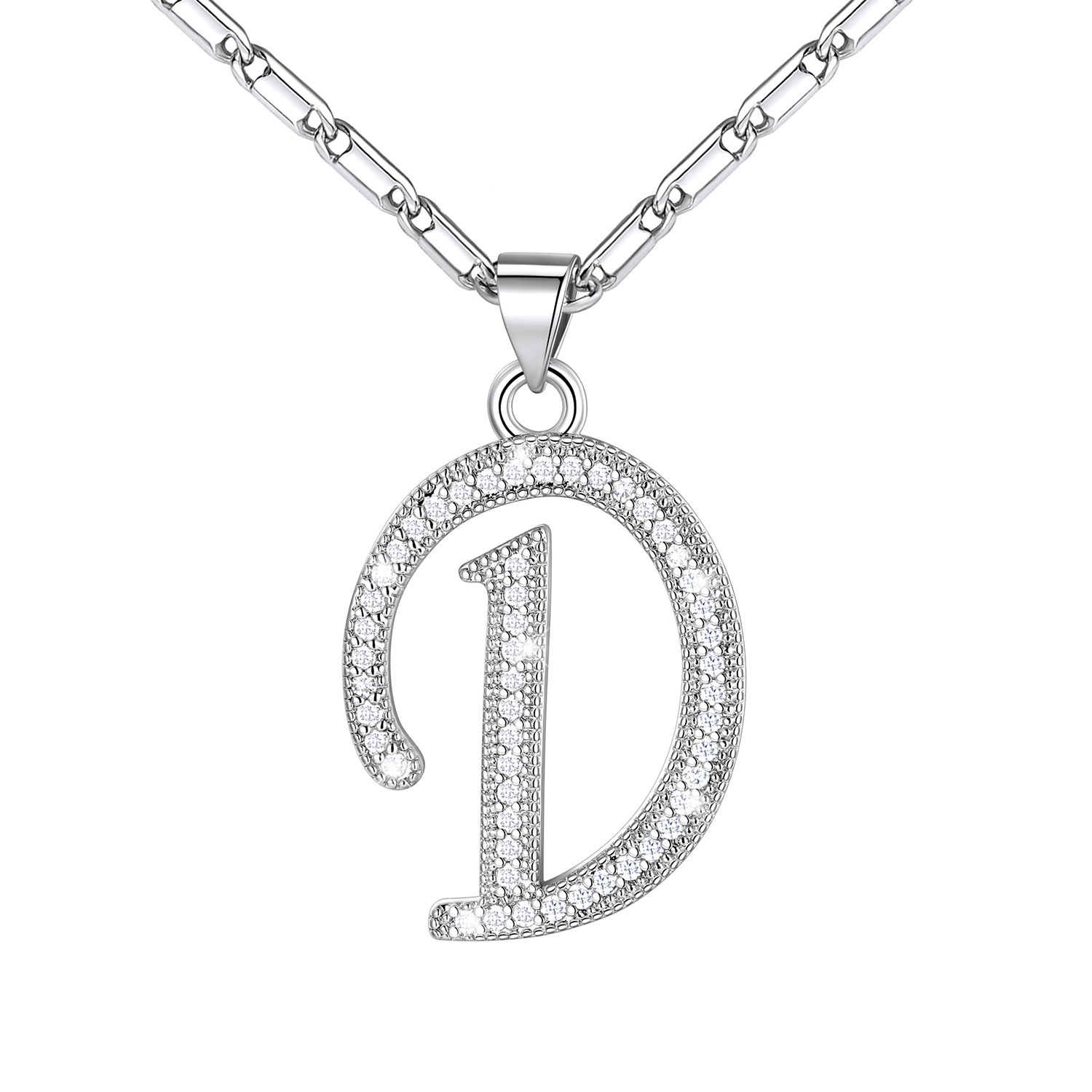 Initial Pendant Necklace with CZ in Platinum Plated - D
