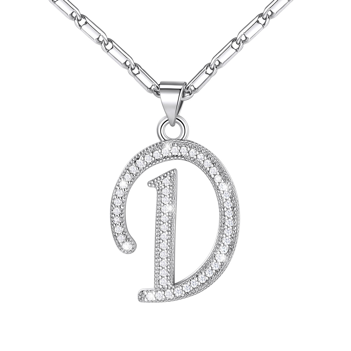 Initial Pendant Necklace with CZ in Platinum Plated - D
