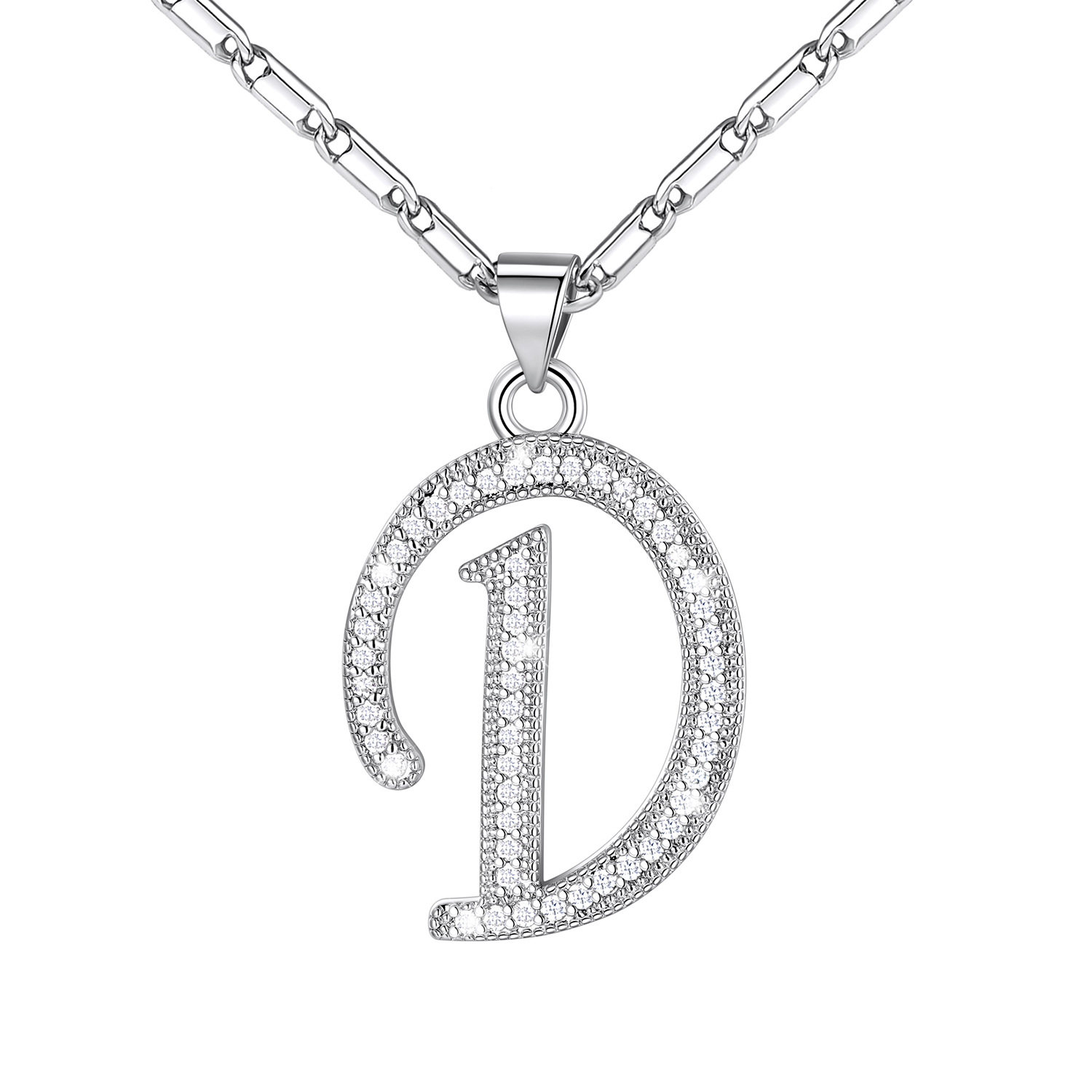 Initial Pendant Necklace with CZ in Platinum Plated - D