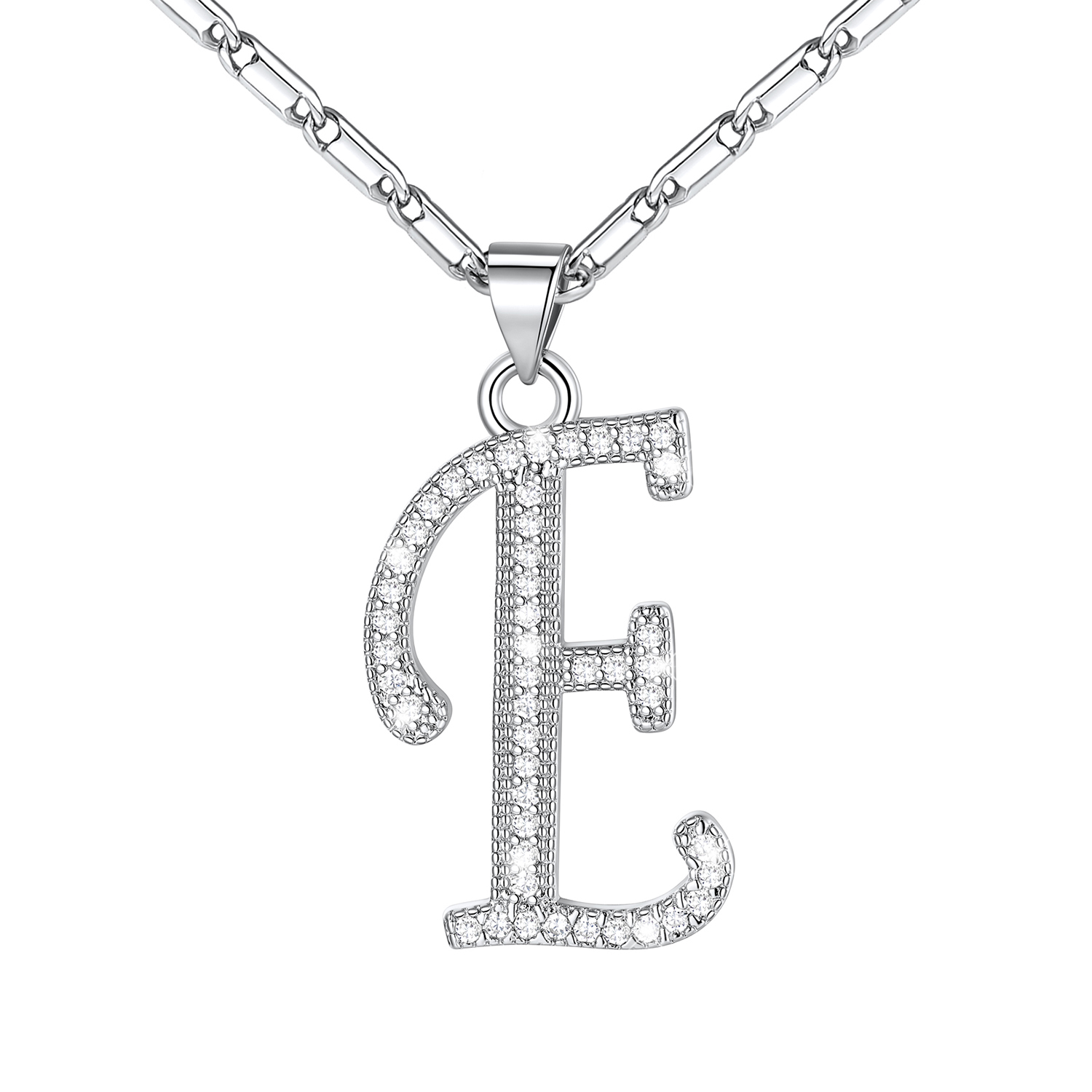 Initial Pendant Necklace with CZ in Platinum Plated - E
