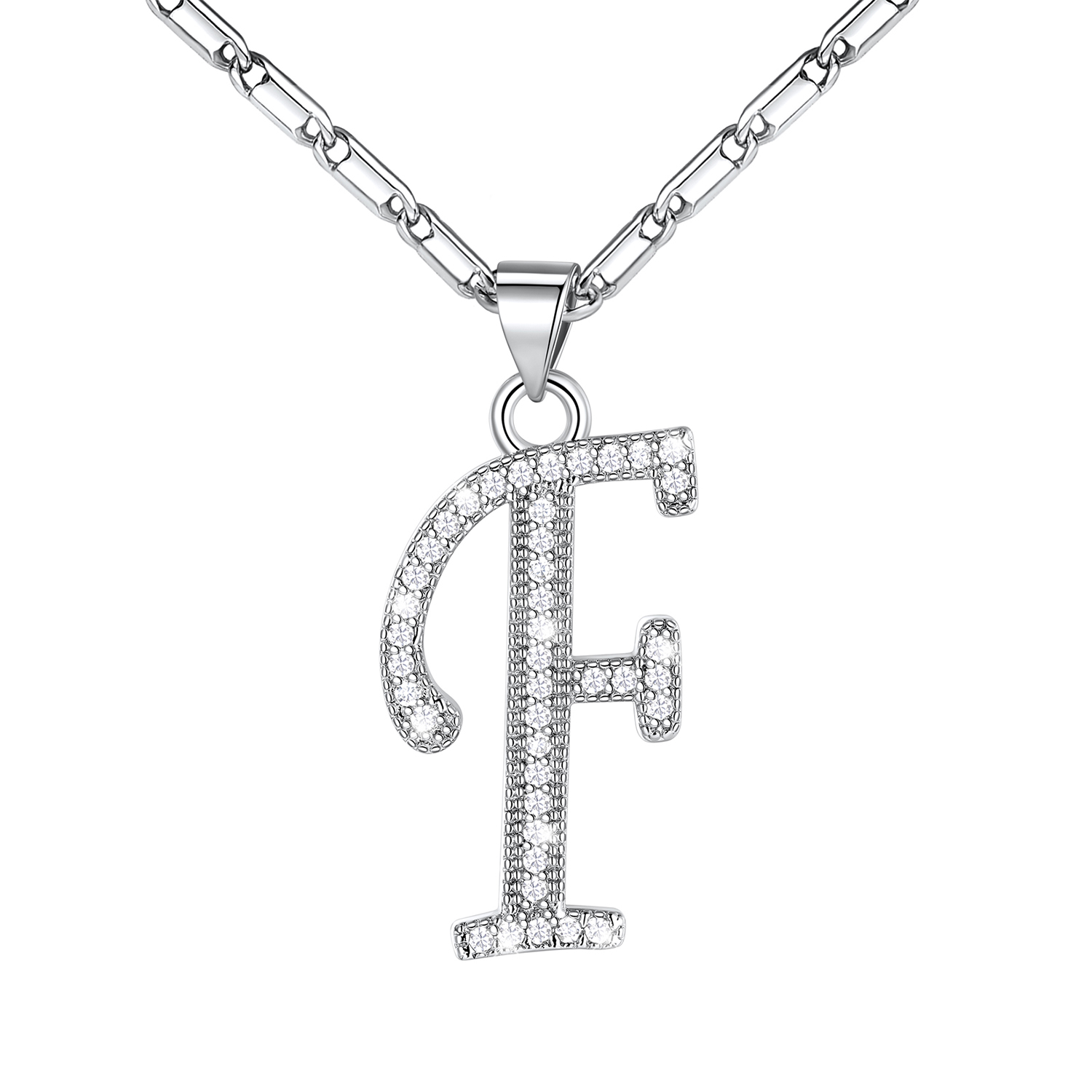 Initial Pendant Necklace with CZ in Platinum Plated - F
