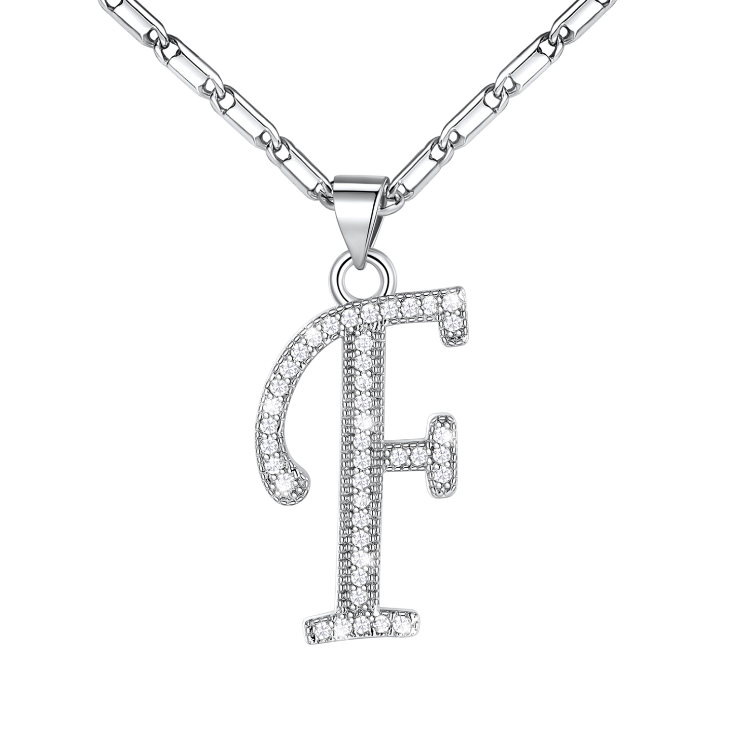 Initial Pendant Necklace with CZ in Platinum Plated - F