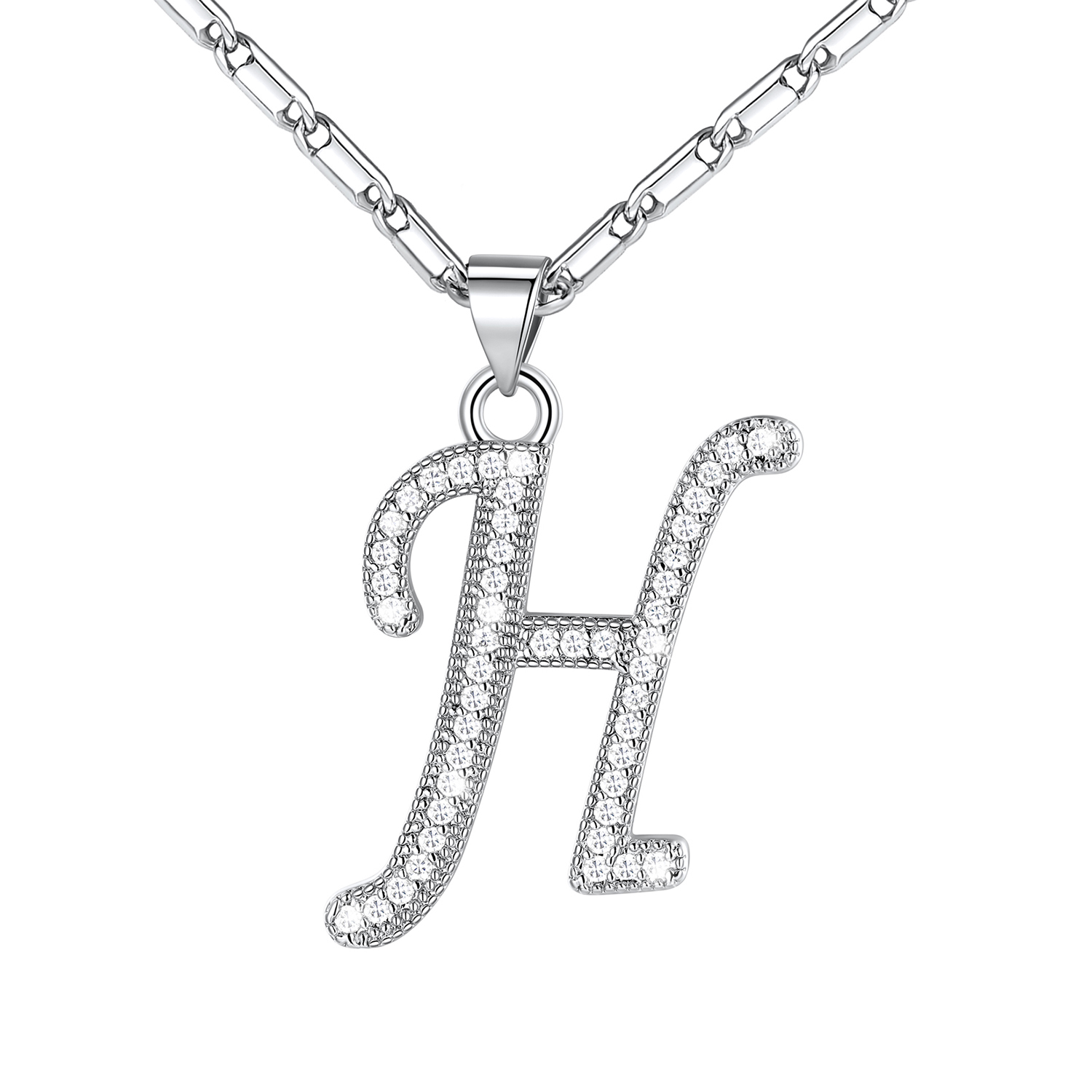 Initial Pendant Necklace with CZ in Platinum Plated - H