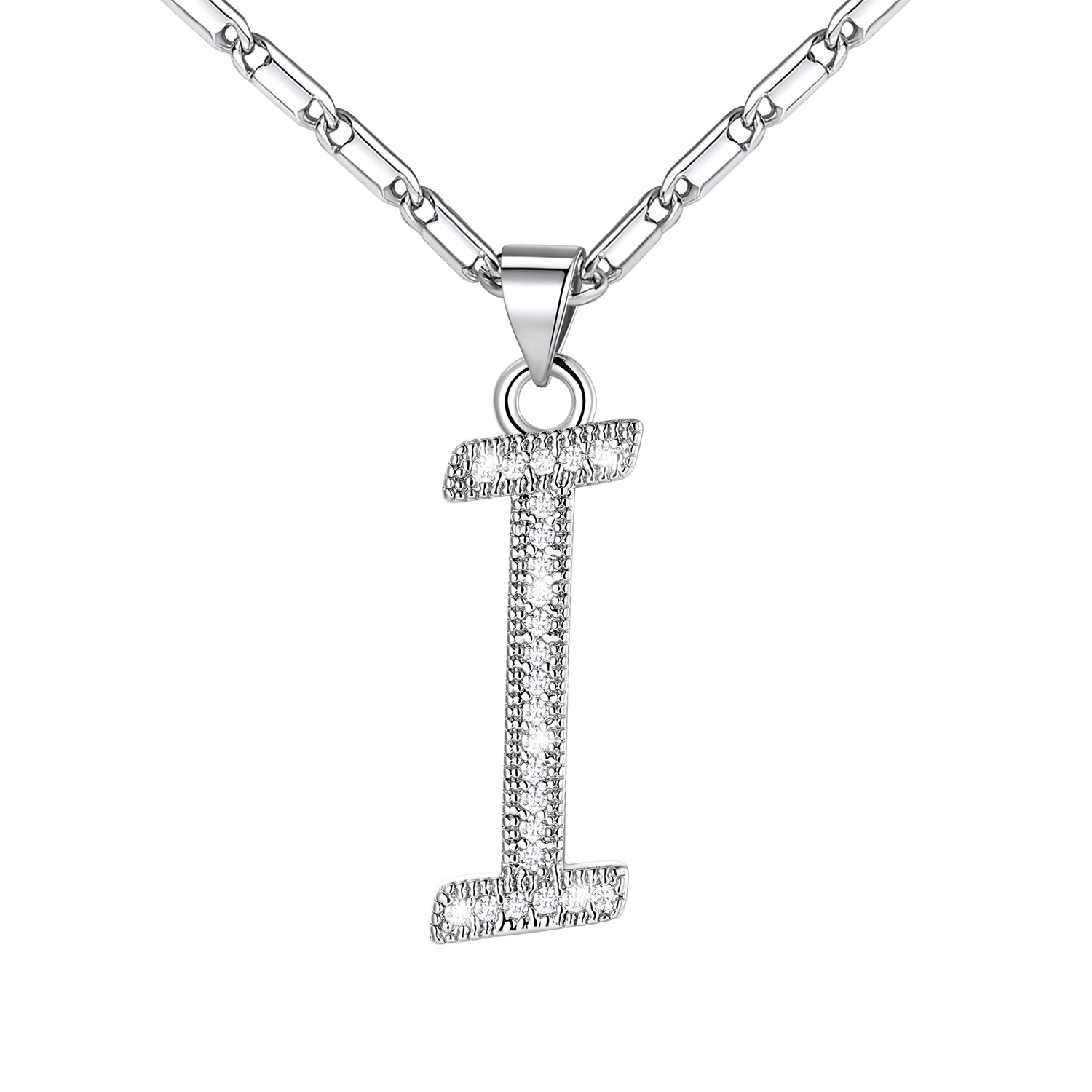 Initial Pendant Necklace with CZ in Platinum Plated - I