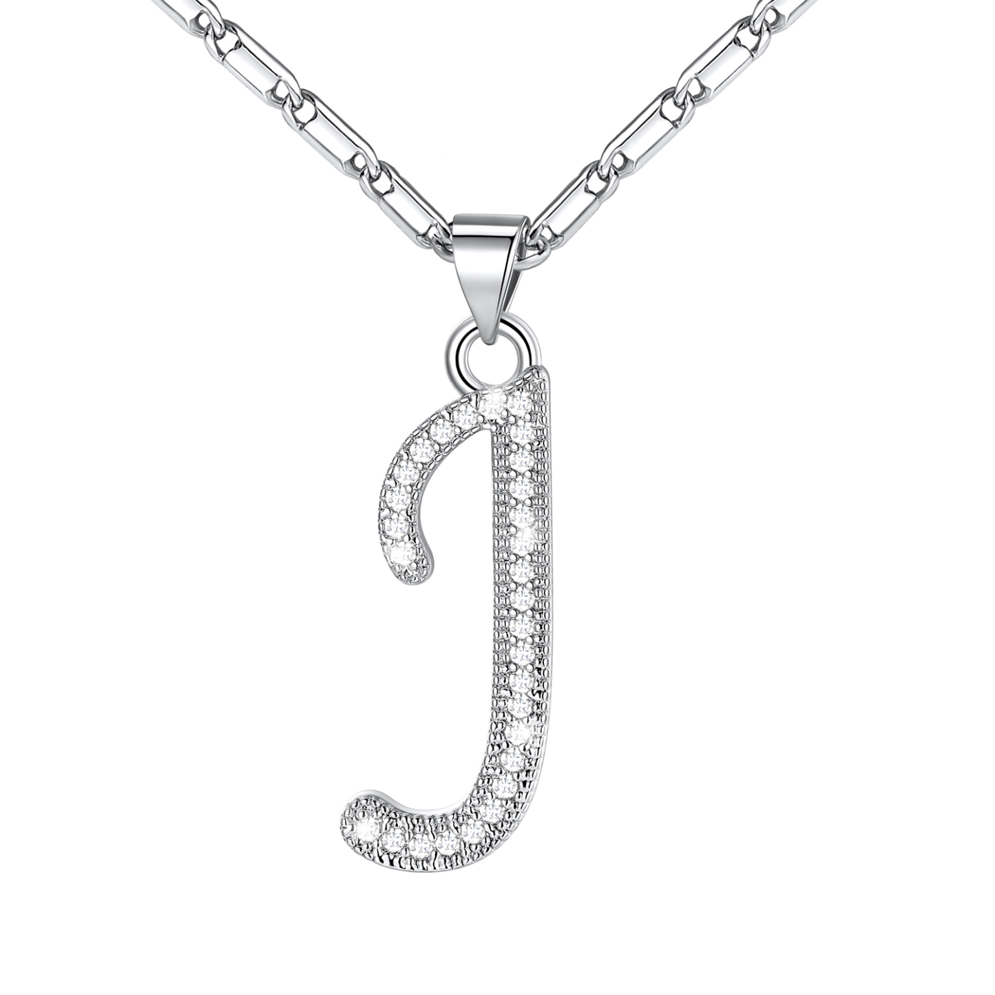 Initial Pendant Necklace with CZ in Platinum Plated - J