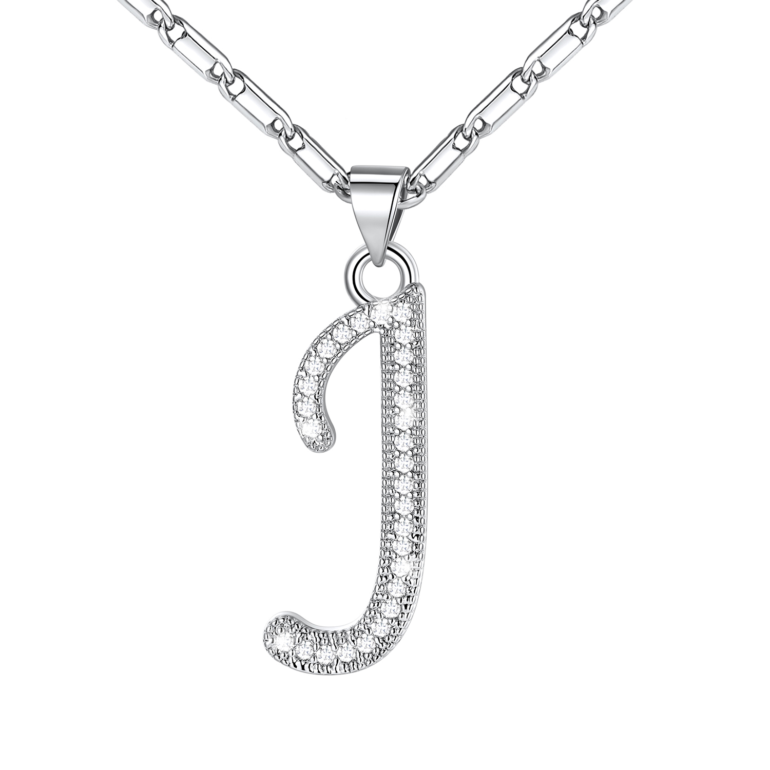 Initial Pendant Necklace with CZ in Platinum Plated - J